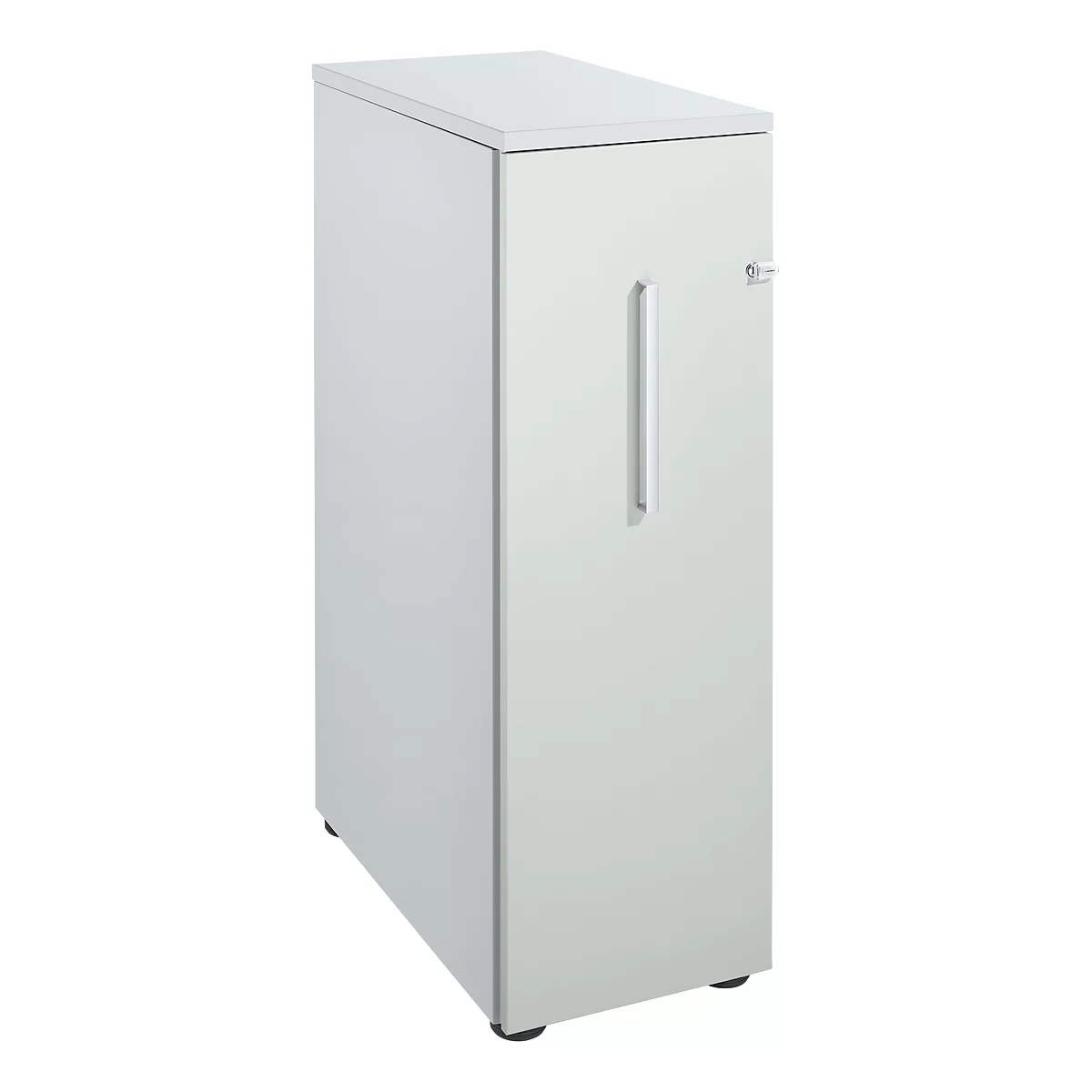 White cabinet with a narrow, silver handle and lock. Standing on black feet.