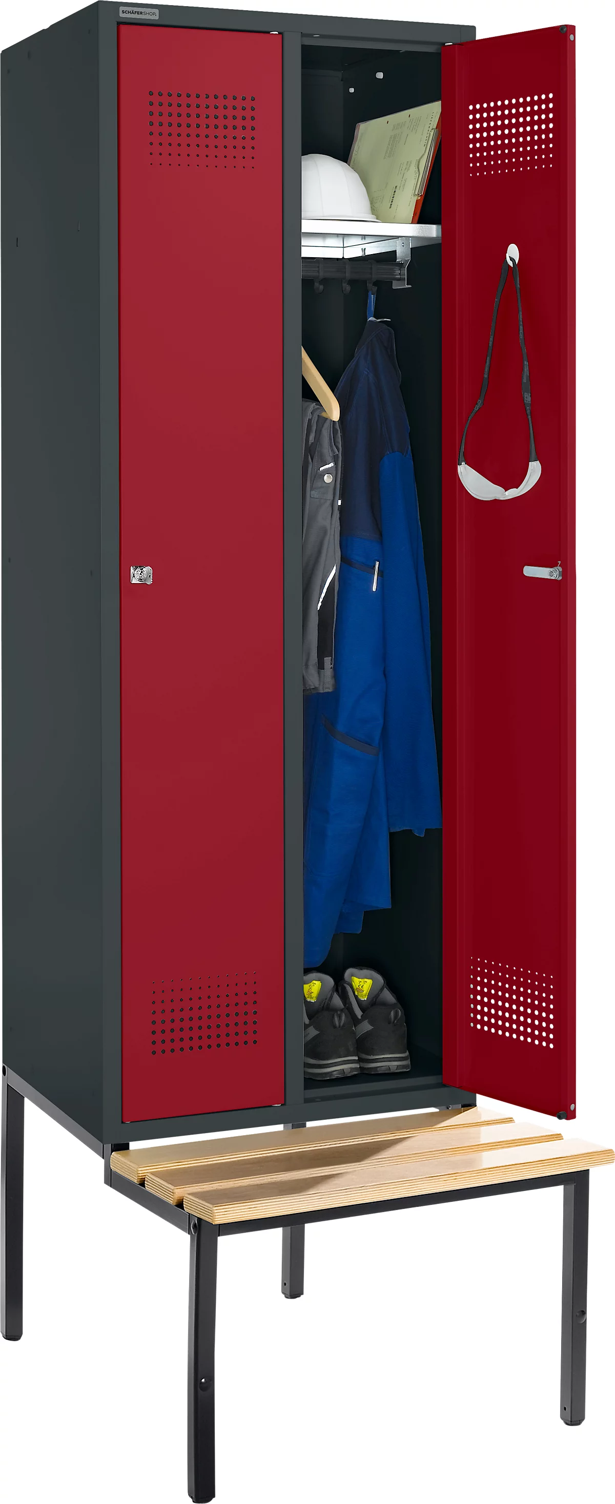 Schäfer Shop Genius Taquilla con banco, 2 compartimentos, anchura compartimento 300 mm, cerradura de cilindro, antracita/rojo rubí