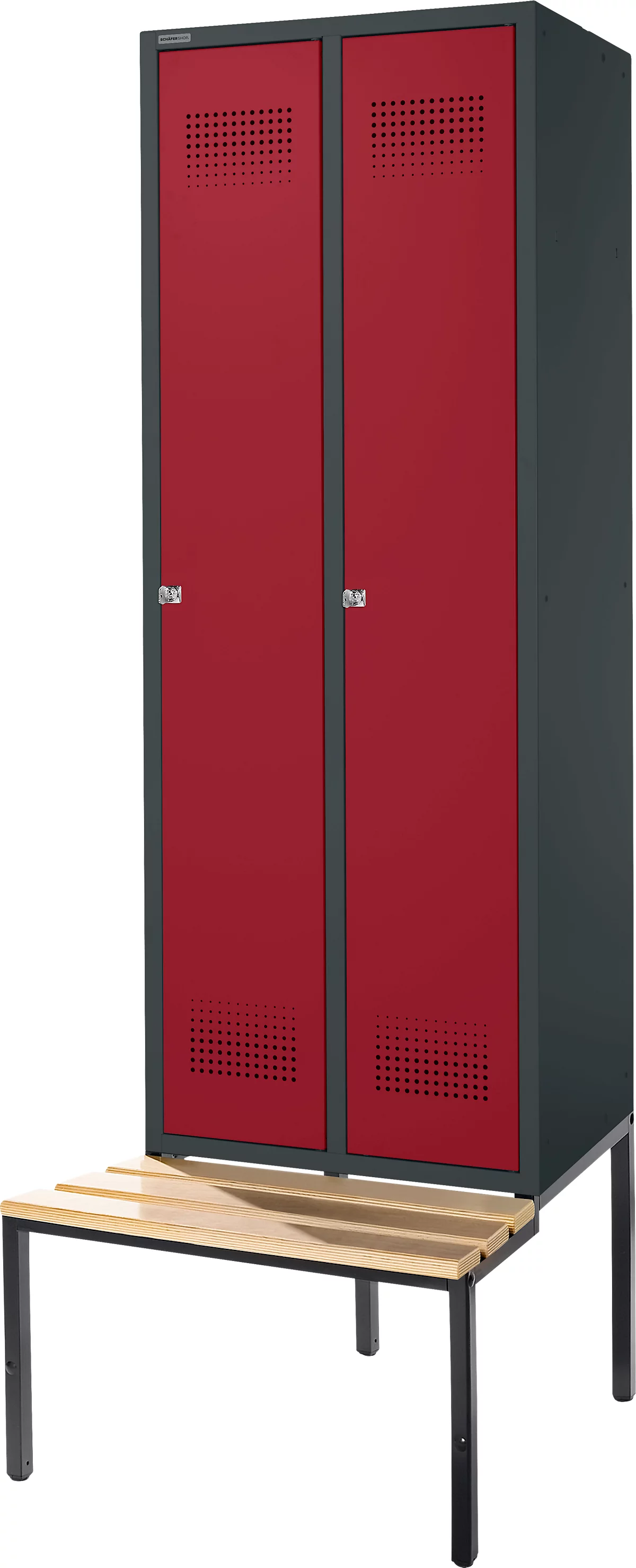 Schäfer Shop Genius Taquilla con banco, 2 compartimentos, anchura compartimento 300 mm, cerradura de cilindro, antracita/rojo rubí