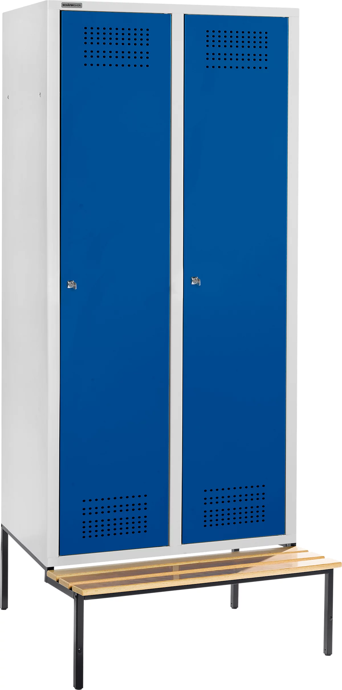 Schäfer Shop Genius Taquilla con banco, 2 compartimentos, anchura compartimento 300 mm, cerradura de cilindro, gris luminoso/azul genciana