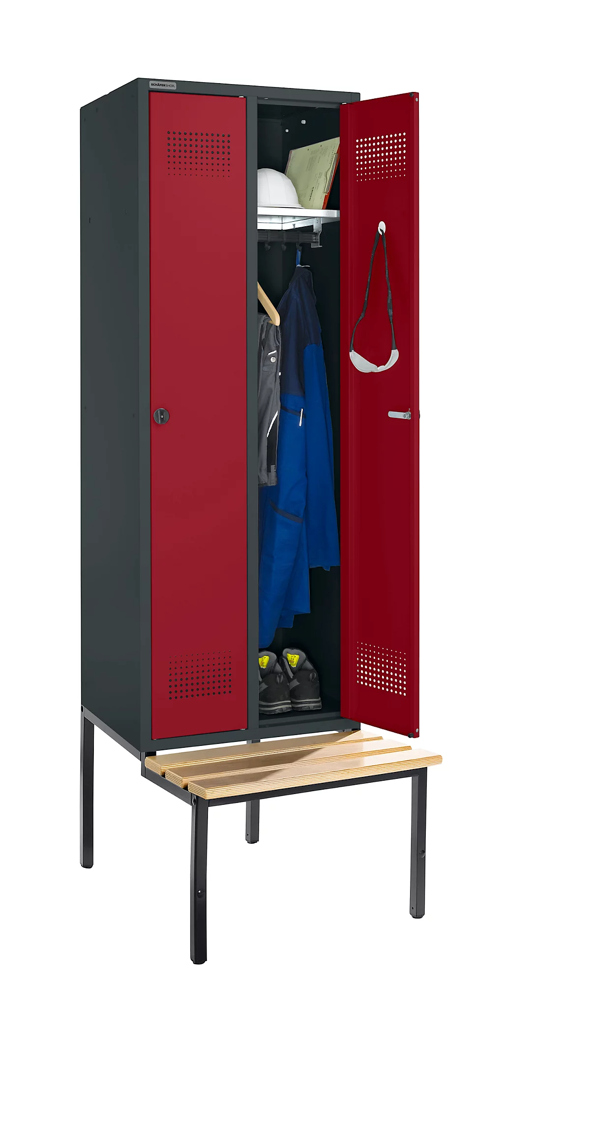 Schäfer Shop Genius Taquilla con banco, 2 compartimentos, anchura compartimento 300 mm, cierre de pasador giratorio de seguridad, antracita/rojo rubí