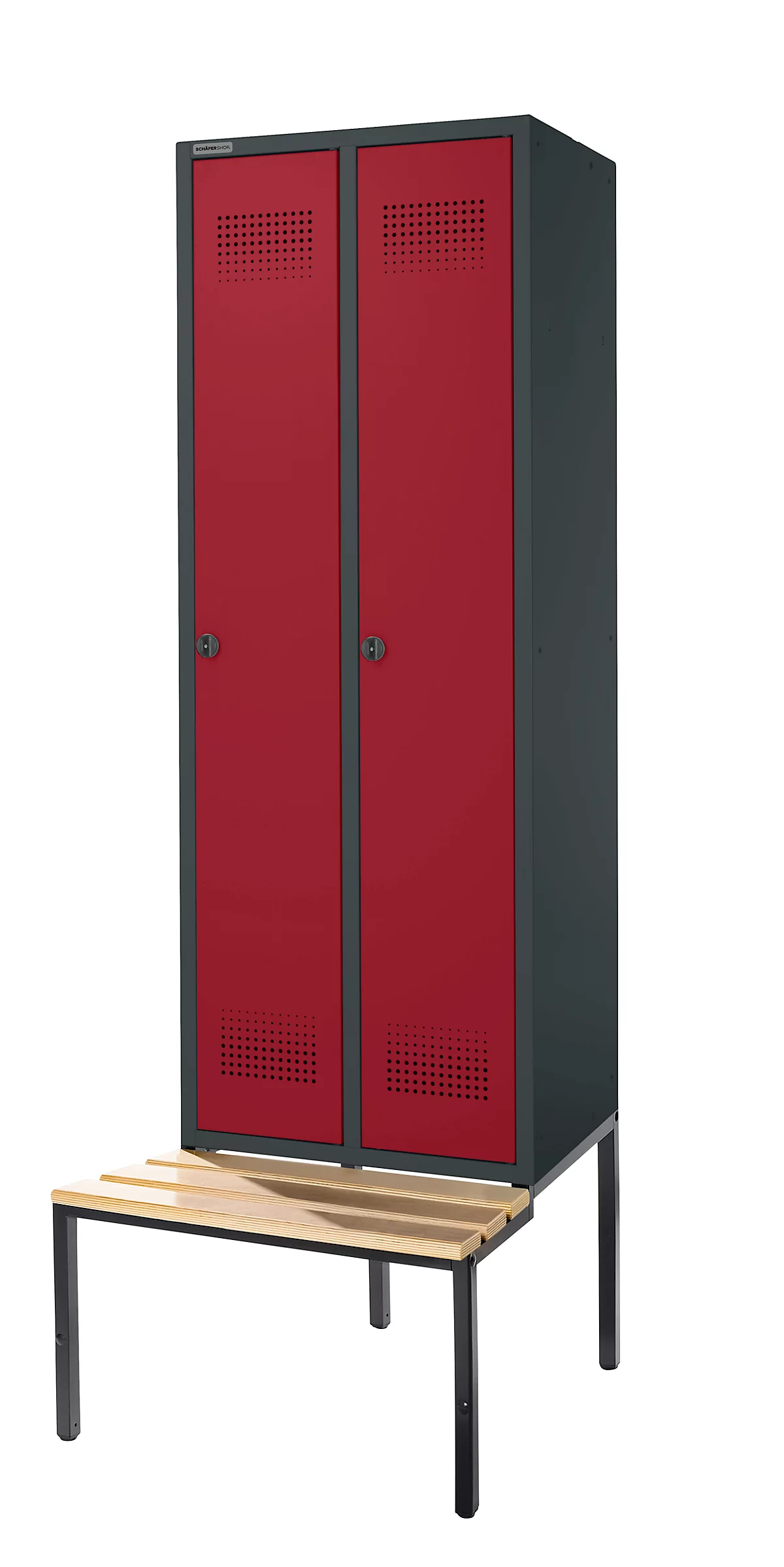 Schäfer Shop Genius Taquilla con banco, 2 compartimentos, anchura compartimento 300 mm, cierre de pasador giratorio de seguridad, antracita/rojo rubí