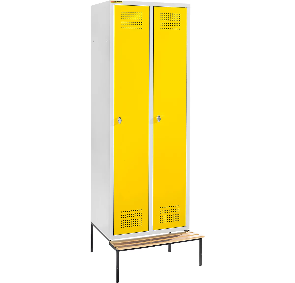 Schäfer Shop Genius Taquilla con banco, 2 compartimentos, anchura compartimento 300 mm, cierre de pasador giratorio de seguridad, gris luminoso/amarillo colza