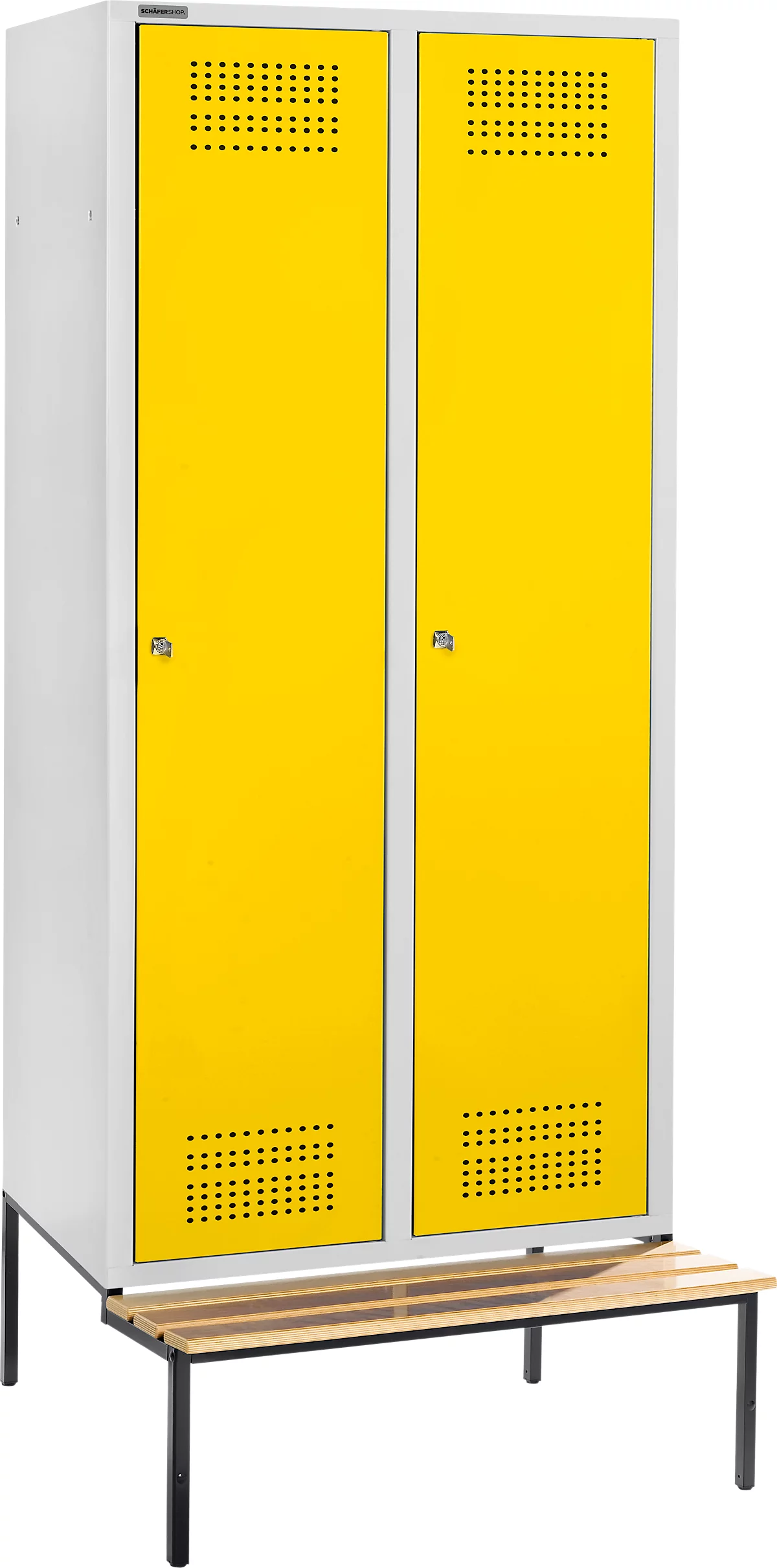 Schäfer Shop Genius Taquilla con banco, 2 compartimentos, anchura compartimento 400 mm, cerradura de cilindro, gris luminoso/amarillo