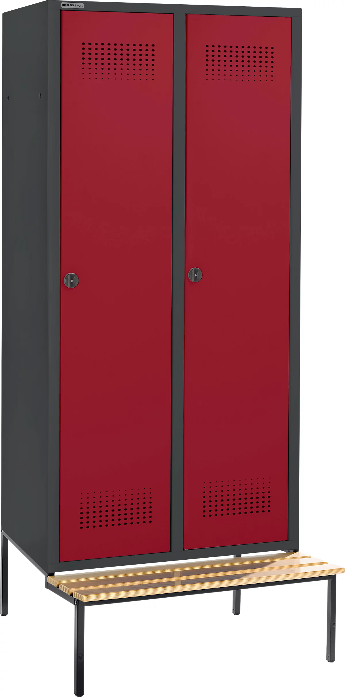 Schäfer Shop Genius Taquilla con banco, 2 compartimentos, anchura compartimento 400 mm, cierre de pasador giratorio de seguridad, antracita/rojo rubí