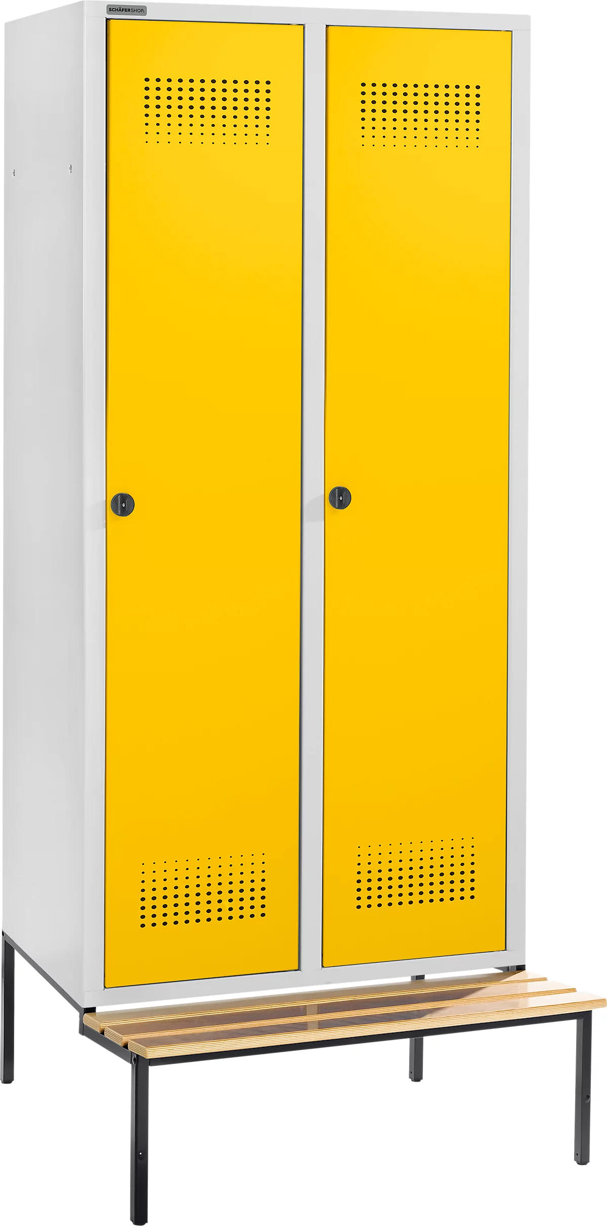 Schäfer Shop Genius Taquilla con banco, 2 compartimentos, anchura compartimento 400 mm, cierre de pasador giratorio de seguridad, gris luminoso/amarillo