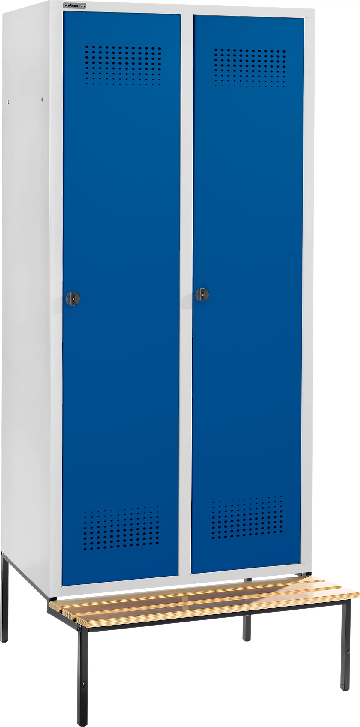Schäfer Shop Genius Taquilla con banco, 2 compartimentos, anchura compartimento 400 mm, cierre de pasador giratorio de seguridad, gris luminoso/azul genciana