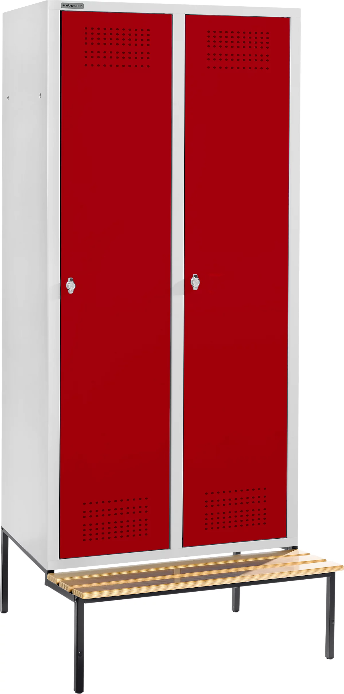 Schäfer Shop Genius Taquilla con banco, 2 compartimentos, anchura compartimento 400 mm, cierre de pasador giratorio de seguridad, gris luminoso/rojo rubí