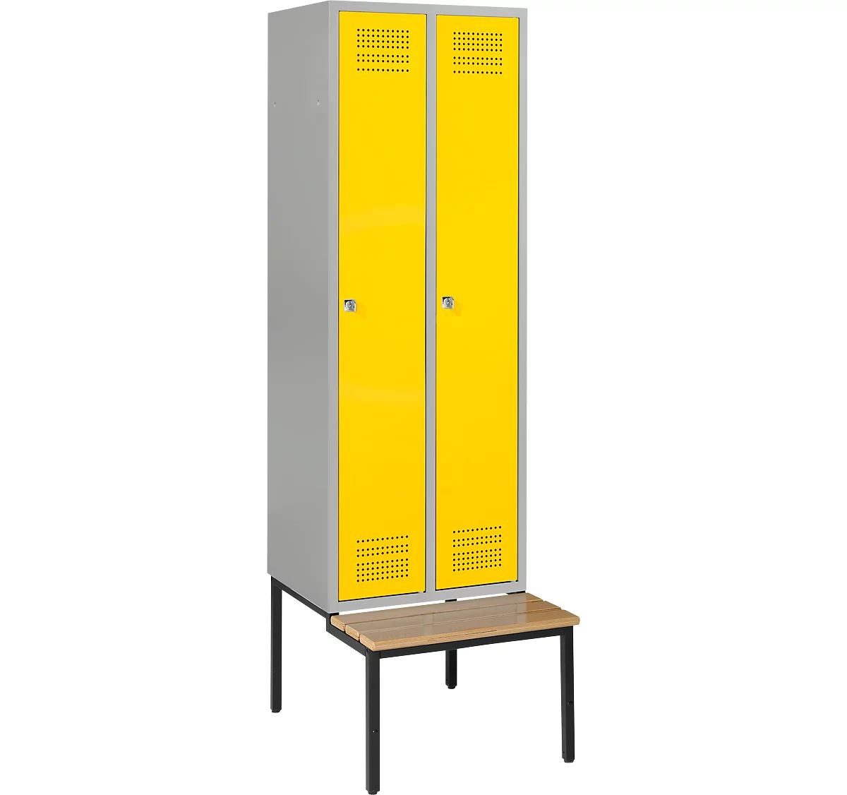 Schäfer Shop Genius Taquilla con banco, 2 compartimentos, cerradura de cilindro, aluminio blanco/amarillo