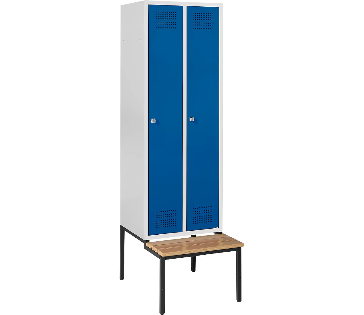 Schäfer Shop Genius Taquilla con banco, 2 compartimentos, cerradura de cilindro, gris luminoso/azul genciana