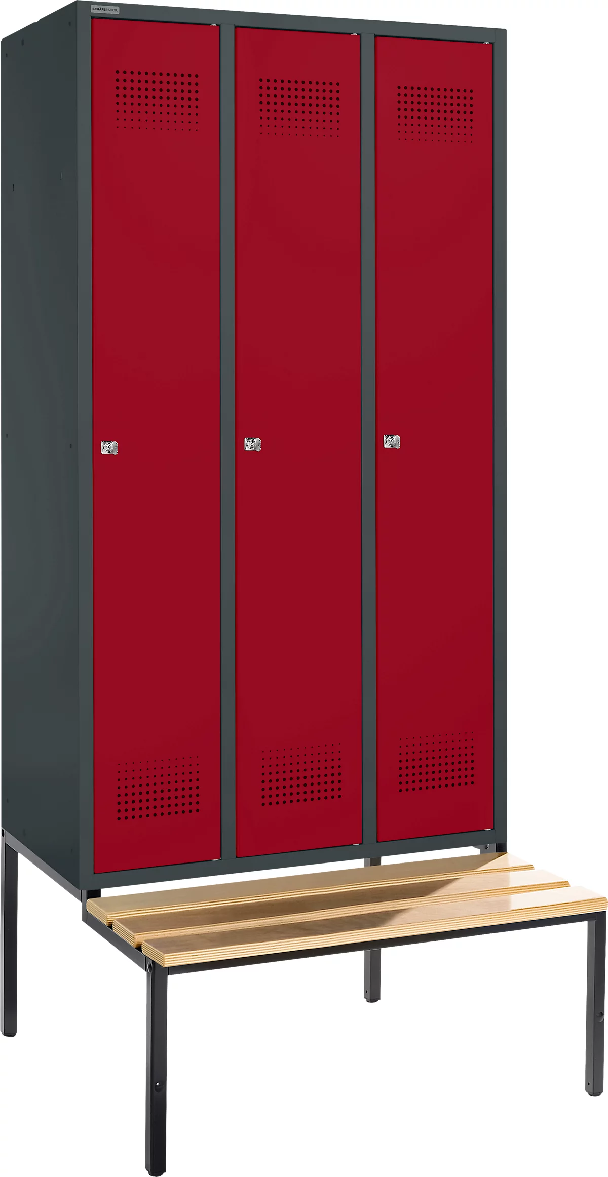 Schäfer Shop Genius Taquilla con banco, 3 compartimentos, anchura compartimento 300 mm, cerradura de cilindro, antracita/rojo rubí