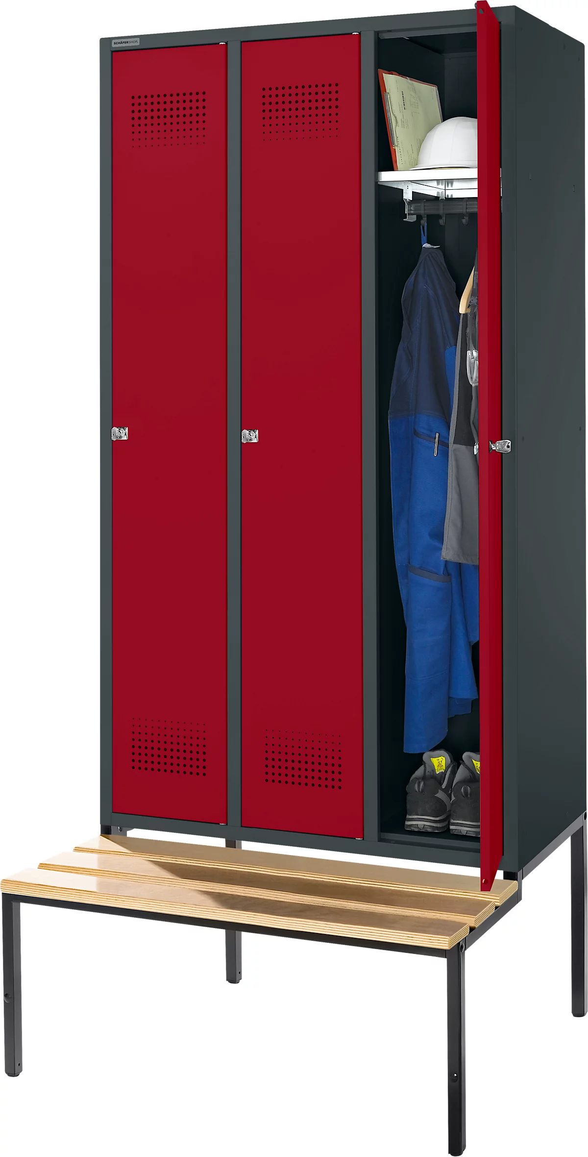 Schäfer Shop Genius Taquilla con banco, 3 compartimentos, anchura compartimento 300 mm, cerradura de cilindro, antracita/rojo rubí