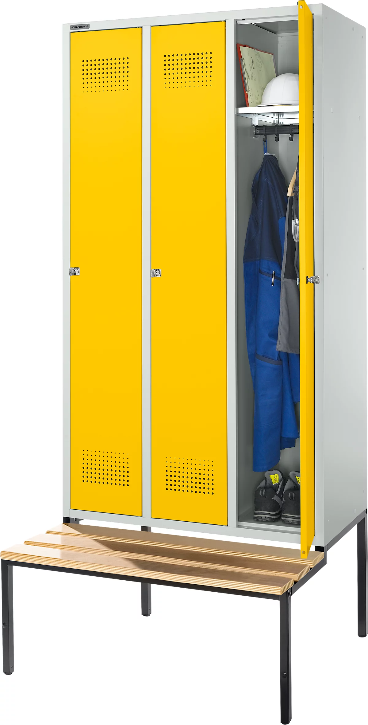 Schäfer Shop Genius Taquilla con banco, 3 compartimentos, anchura compartimento 300 mm, cerradura de cilindro, gris luminoso/amarillo colza