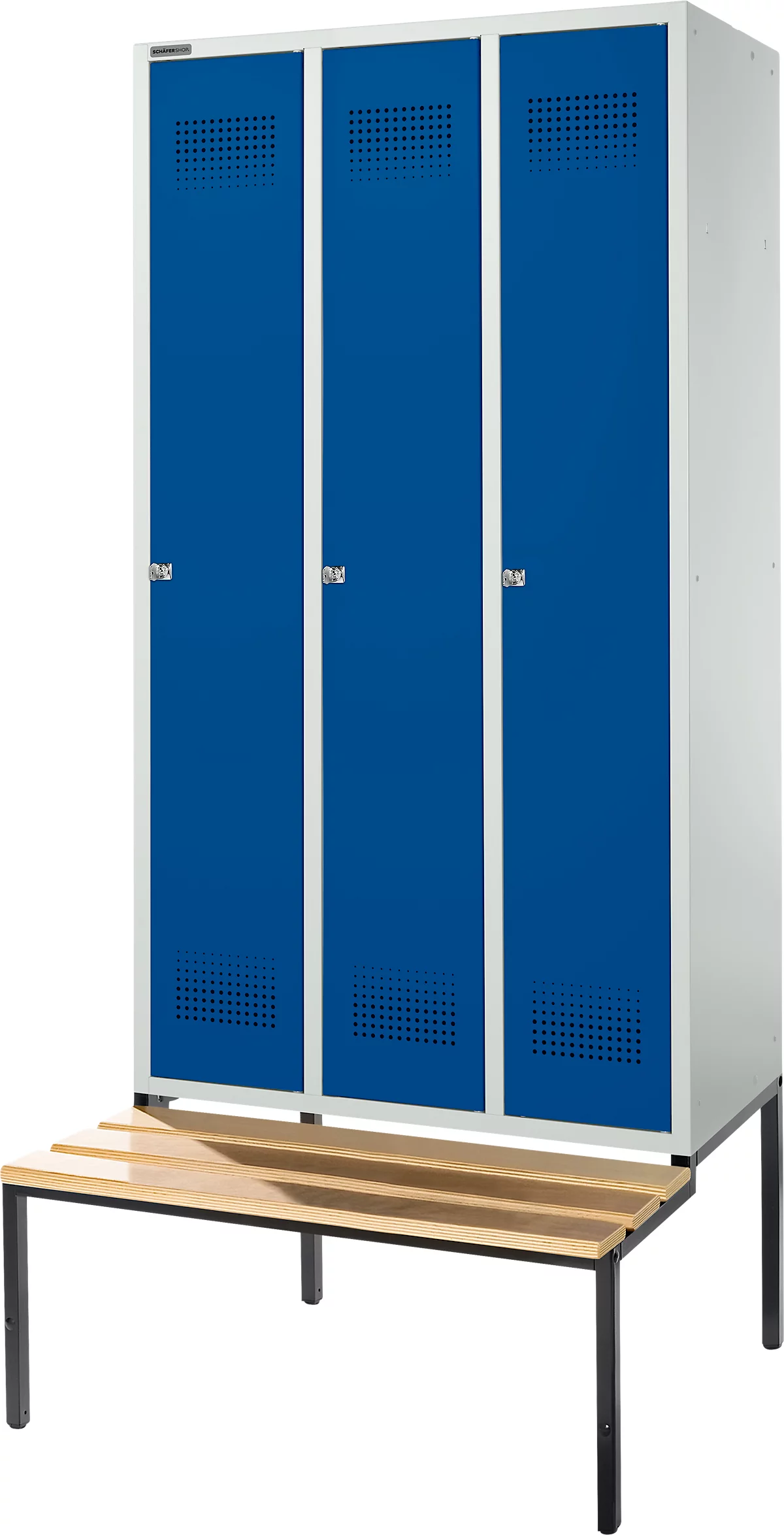 Schäfer Shop Genius Taquilla con banco, 3 compartimentos, anchura compartimento 300 mm, cerradura de cilindro, gris luminoso/azul genciana