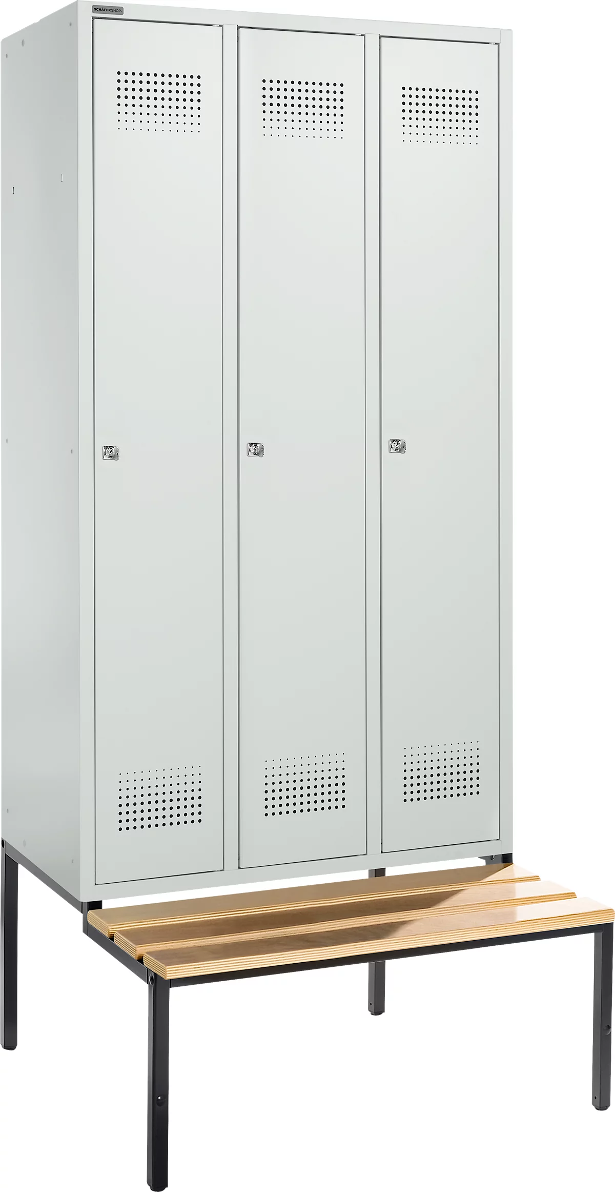 Schäfer Shop Genius Taquilla con banco, 3 compartimentos, anchura compartimento 300 mm, cerradura de cilindro, gris luminoso/gris luminoso