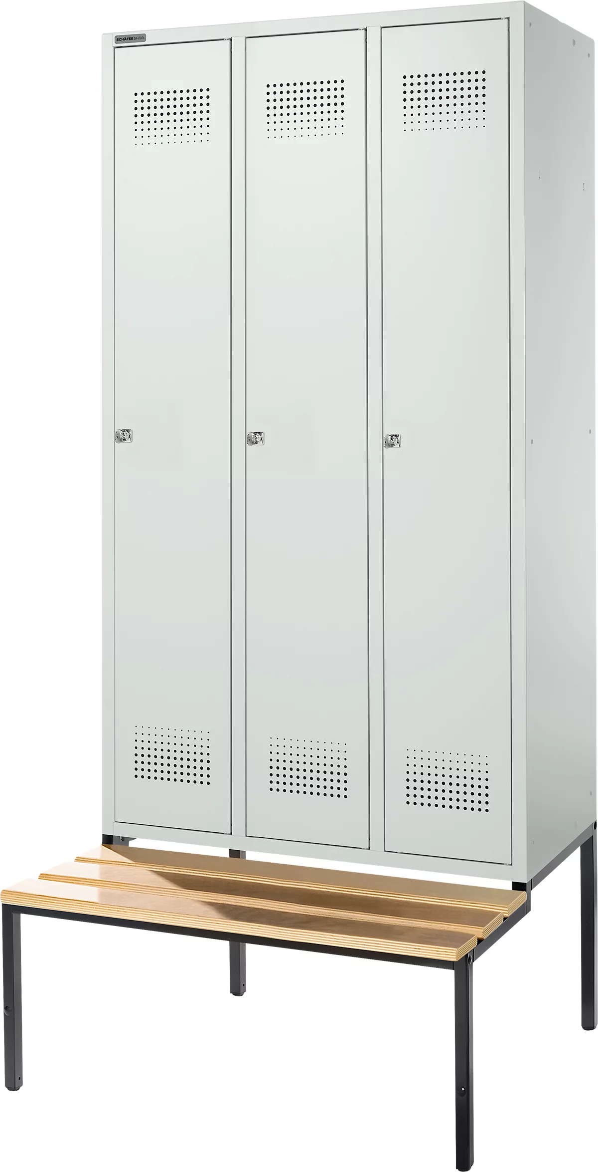 Schäfer Shop Genius Taquilla con banco, 3 compartimentos, anchura compartimento 300 mm, cerradura de cilindro, gris luminoso/gris luminoso