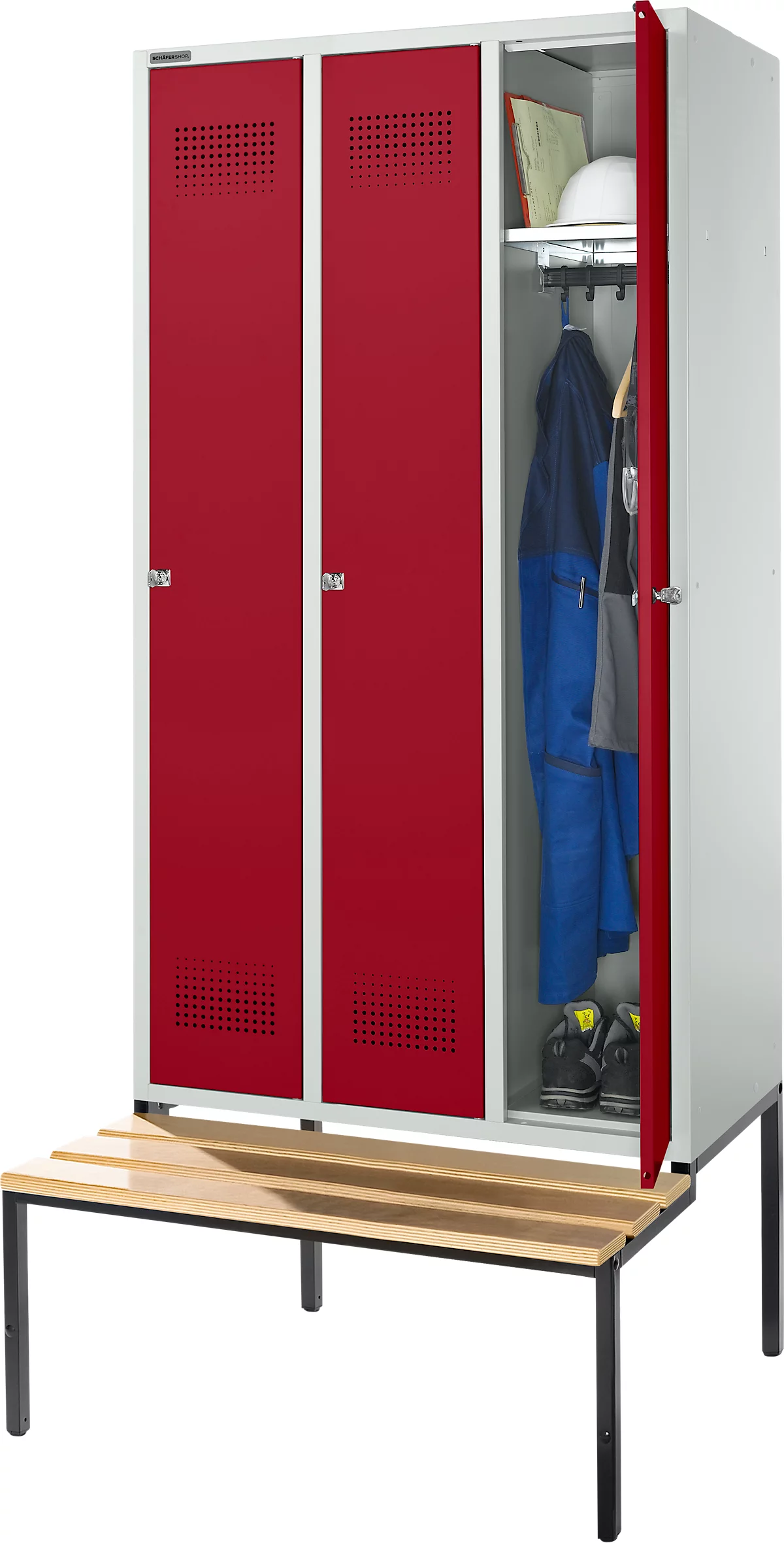 Schäfer Shop Genius Taquilla con banco, 3 compartimentos, anchura compartimento 300 mm, cerradura de cilindro, gris luminoso/rojo rubí