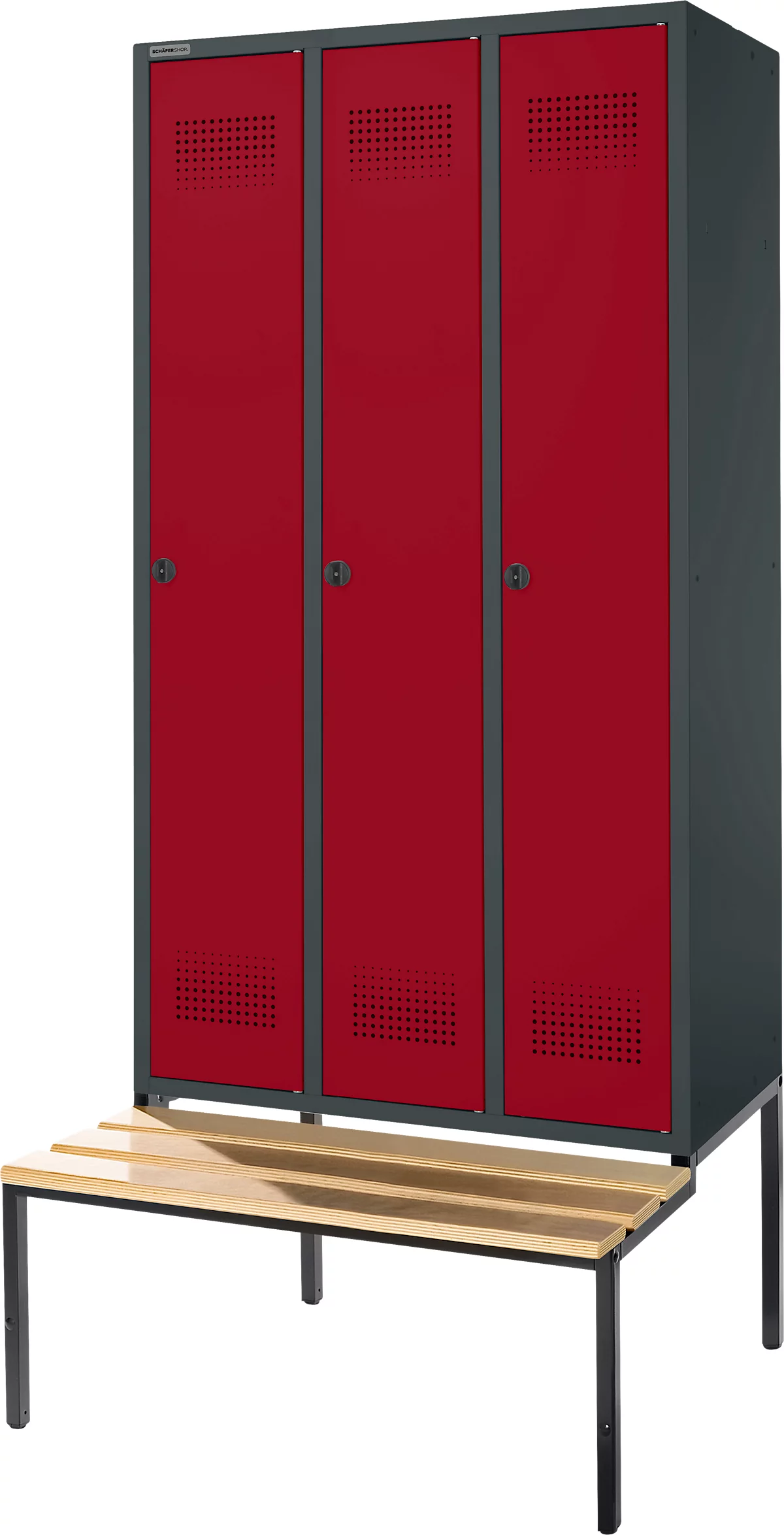 Schäfer Shop Genius Taquilla con banco, 3 compartimentos, anchura compartimento 300 mm, cierre de pasador giratorio de seguridad, antracita/rojo rubí