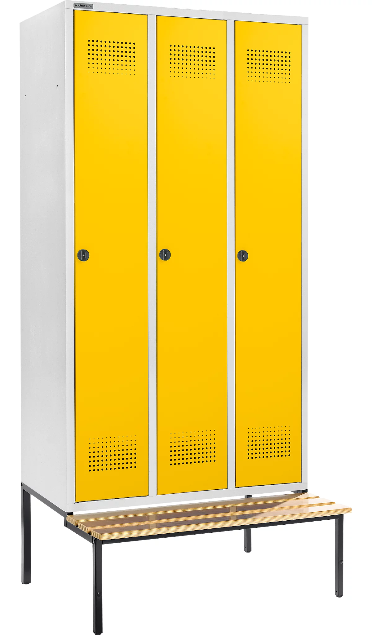 Schäfer Shop Genius Taquilla con banco, 3 compartimentos, anchura compartimento 300 mm, cierre de pasador giratorio de seguridad, gris luminoso/amarillo colza