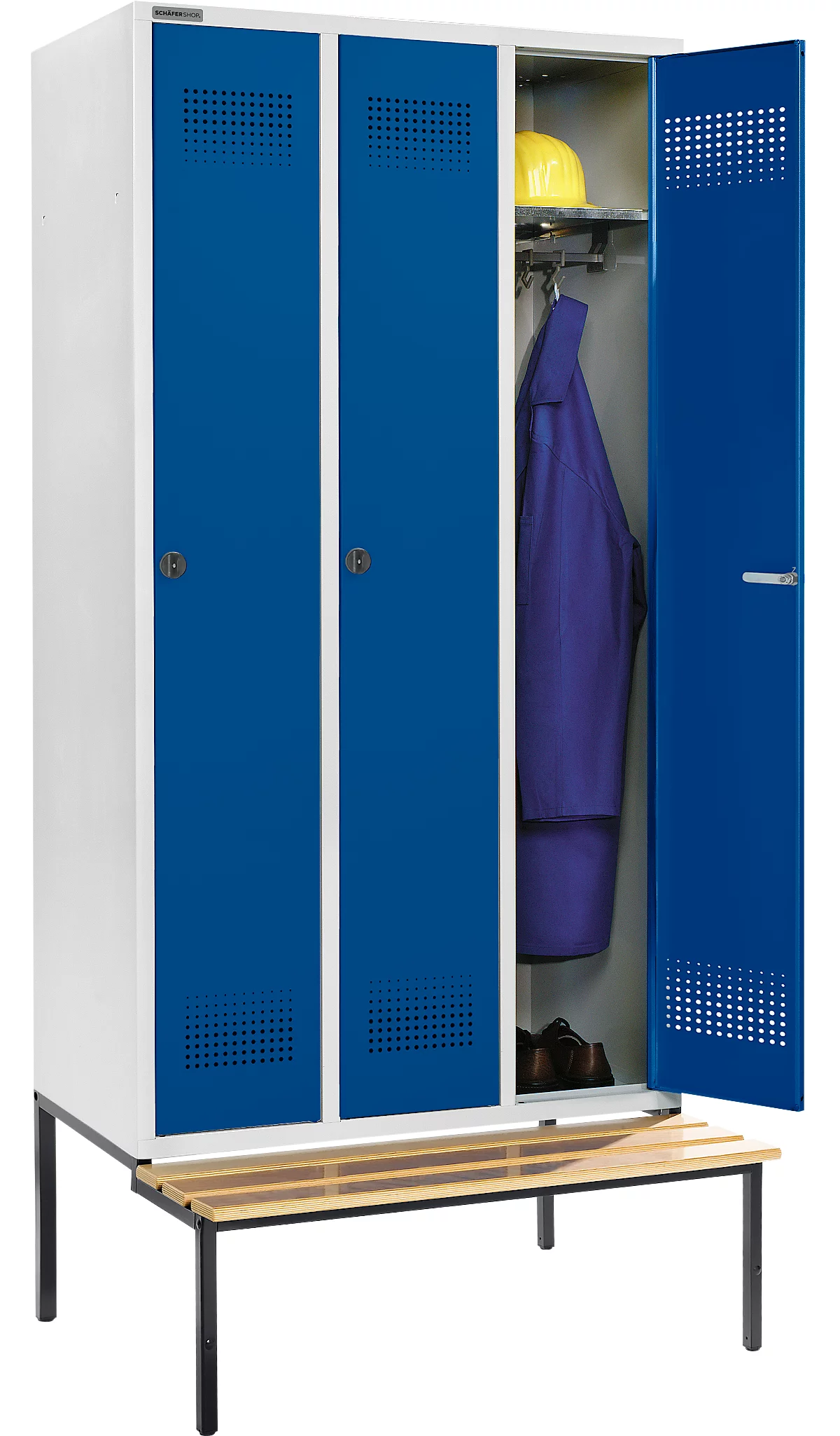 Schäfer Shop Genius Taquilla con banco, 3 compartimentos, anchura compartimento 300 mm, cierre de pasador giratorio de seguridad, gris luminoso/azul genciana