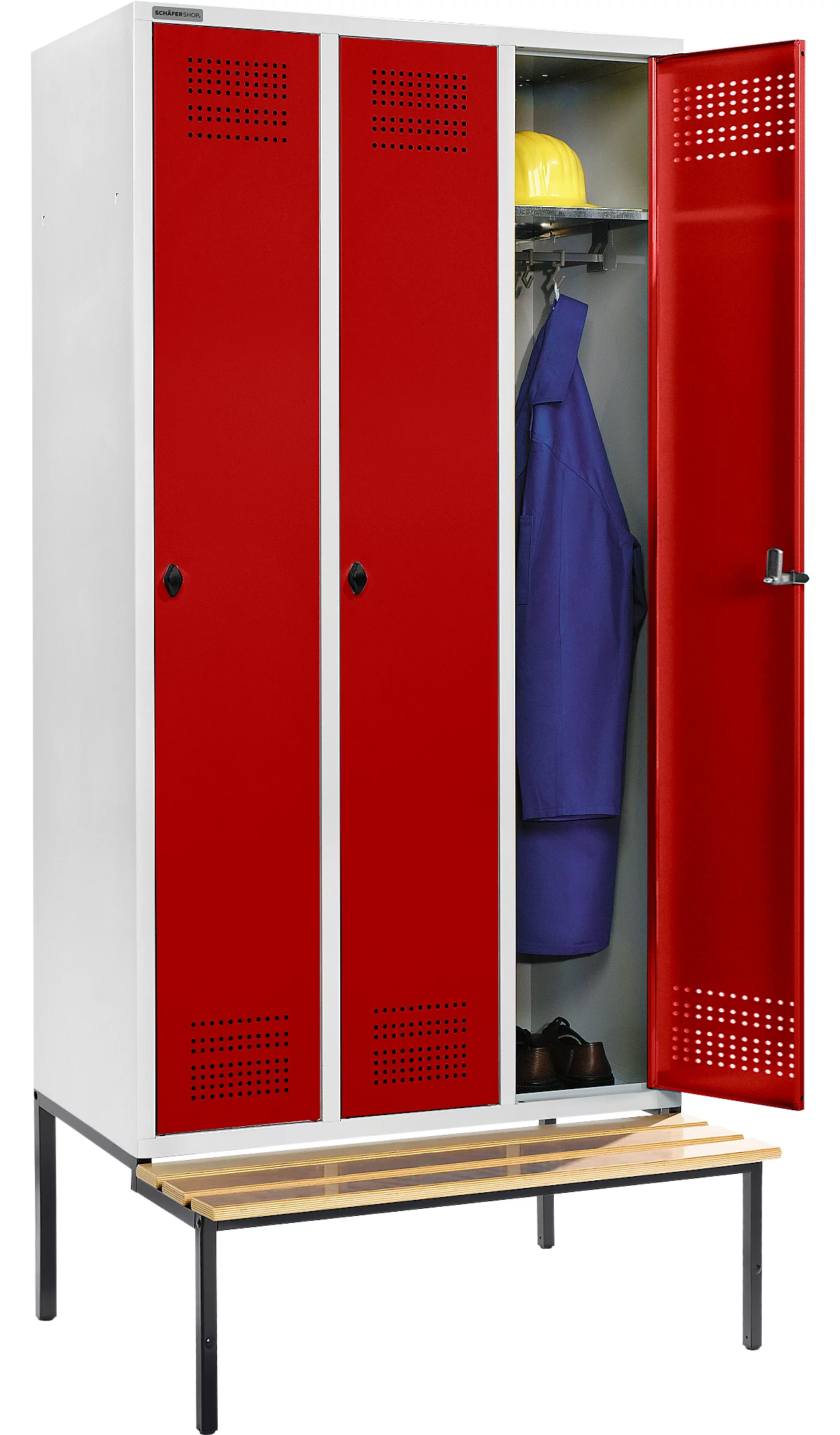 Schäfer Shop Genius Taquilla con banco, 3 compartimentos, anchura compartimento 300 mm, cierre de pasador giratorio de seguridad, gris luminoso/rojo rubí