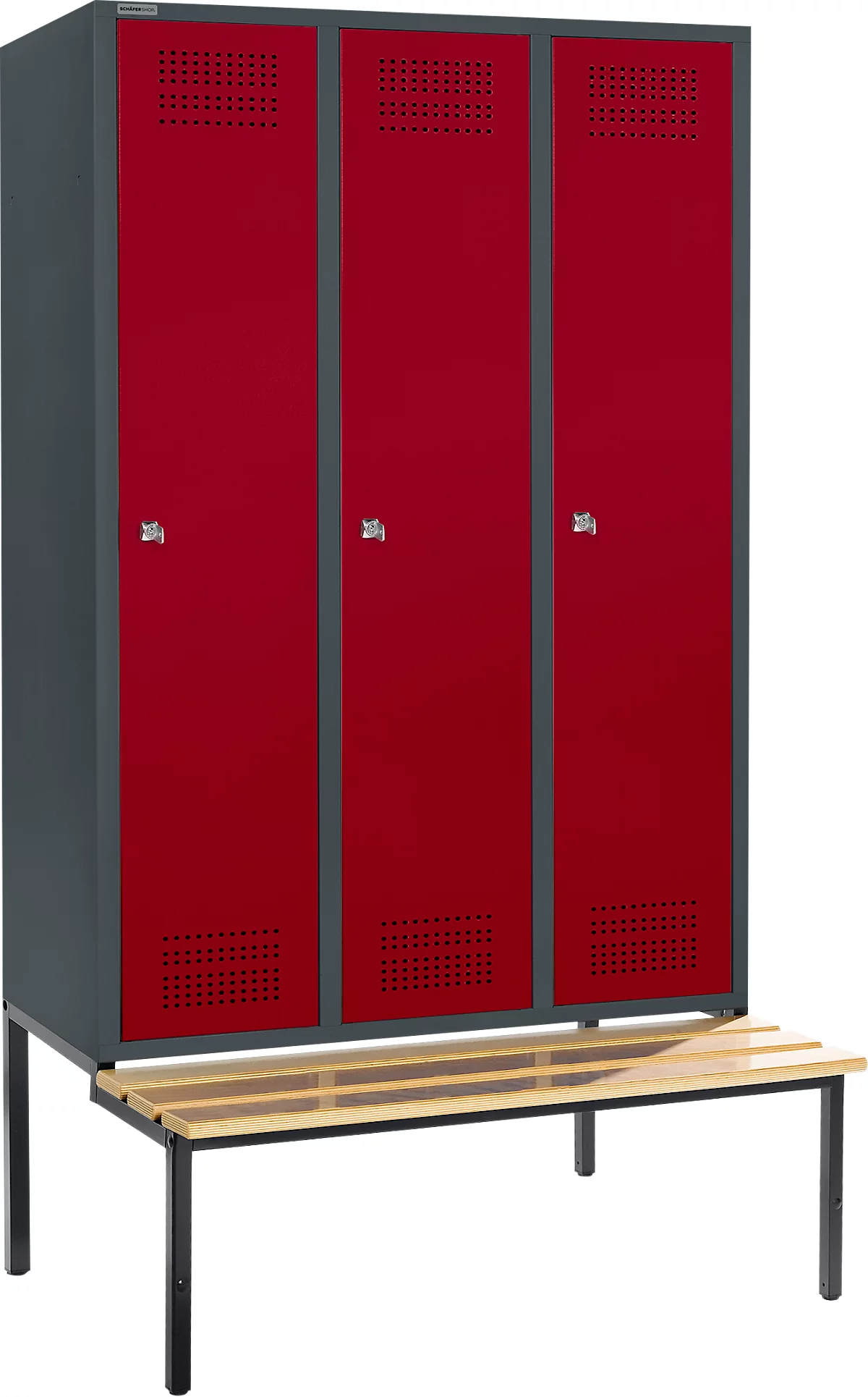 Schäfer Shop Genius Taquilla con banco, 3 compartimentos, anchura compartimento 400 mm, cerradura de cilindro, antracita/rojo rubí