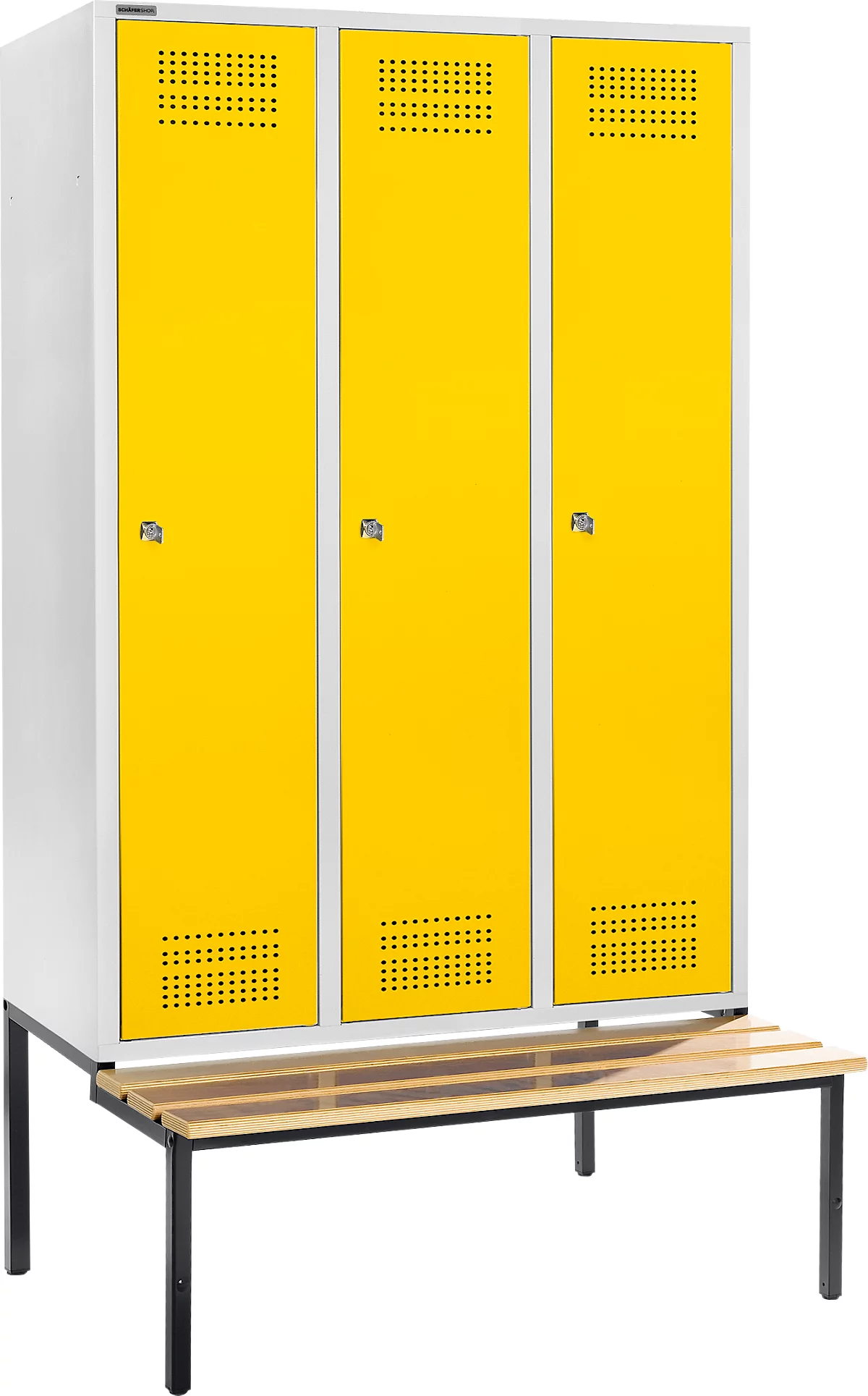 Schäfer Shop Genius Taquilla con banco, 3 compartimentos, anchura compartimento 400 mm, cerradura de cilindro, gris luminoso/amarillo colza