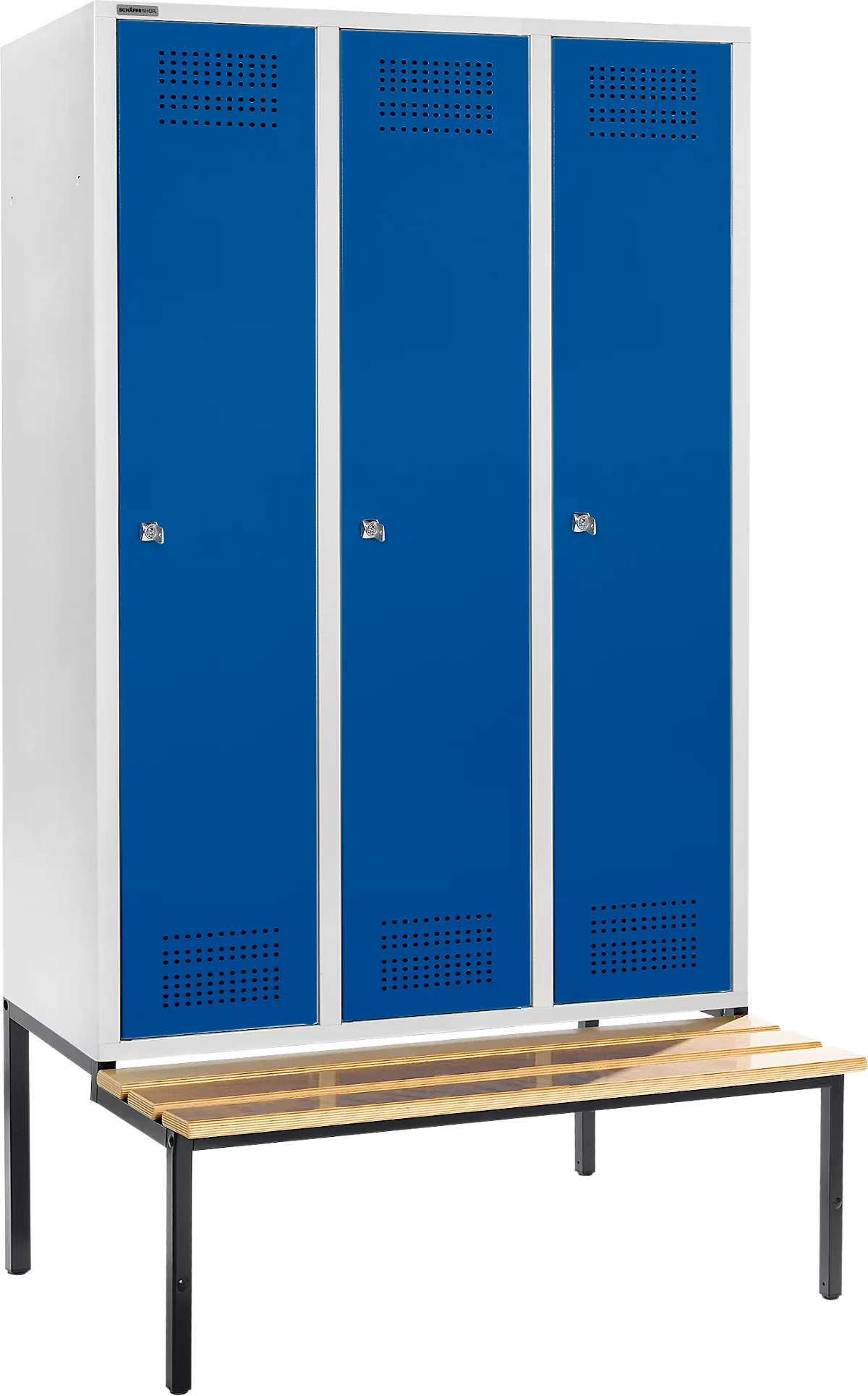 Schäfer Shop Genius Taquilla con banco, 3 compartimentos, anchura compartimento 400 mm, cerradura de cilindro, gris luminoso/azul genciana