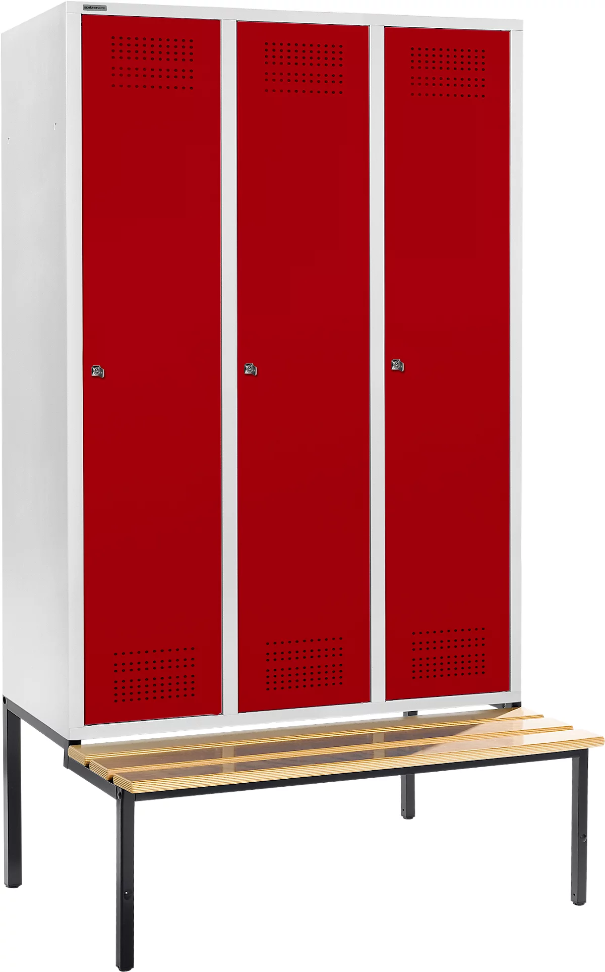 Schäfer Shop Genius Taquilla con banco, 3 compartimentos, anchura compartimento 400 mm, cerradura de cilindro, gris luminoso/rojo rubí