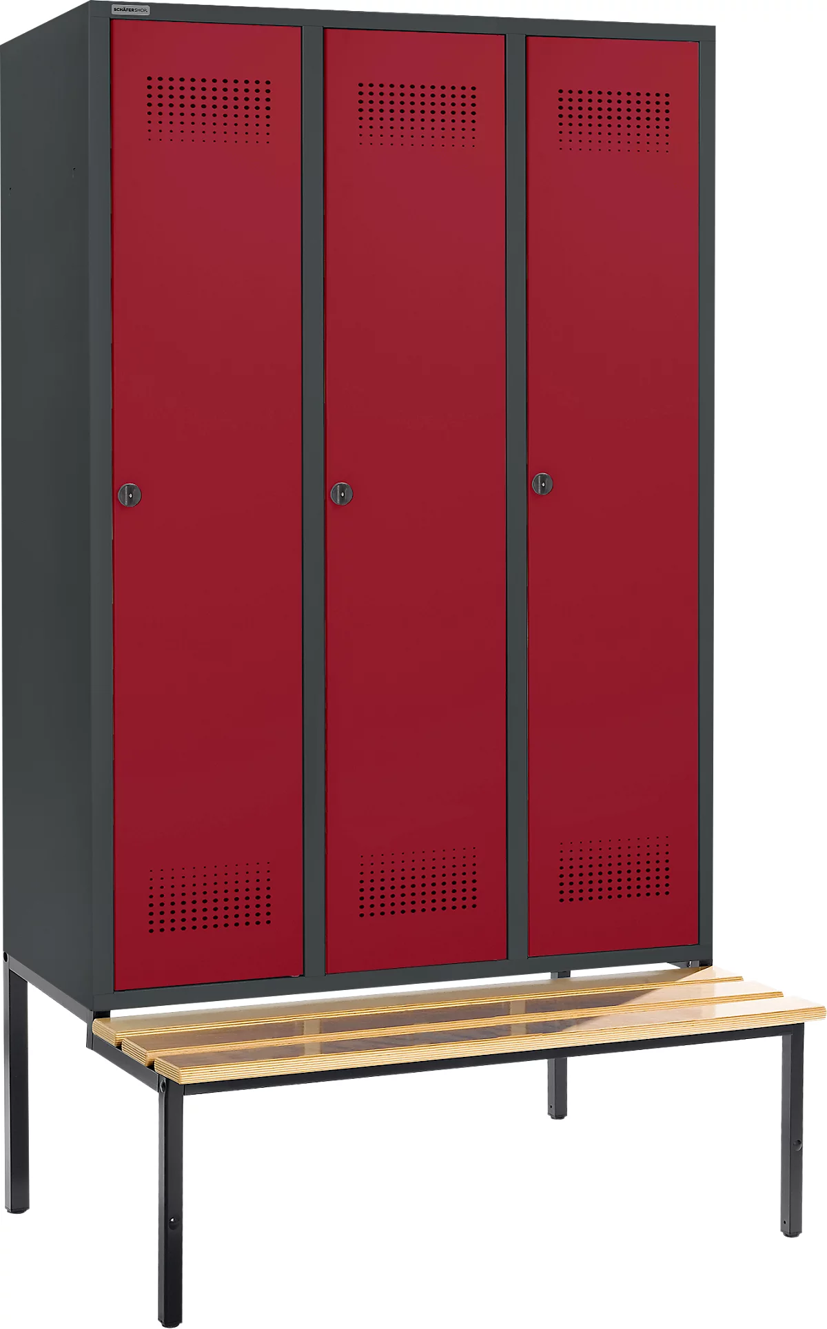 Schäfer Shop Genius Taquilla con banco, 3 compartimentos, anchura compartimento 400 mm, cierre de pasador giratorio de seguridad, antracita/rojo rubí