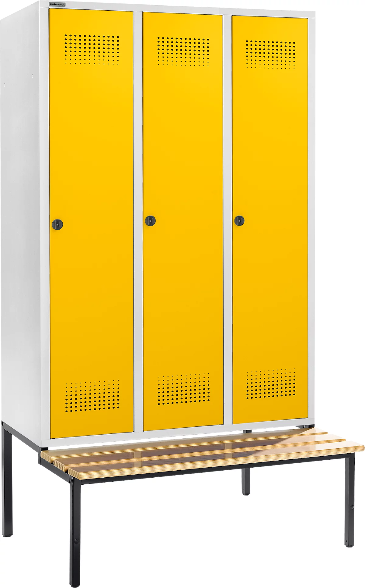 Schäfer Shop Genius Taquilla con banco, 3 compartimentos, anchura compartimento 400 mm, cierre de pasador giratorio de seguridad, gris luminoso/amarillo colza
