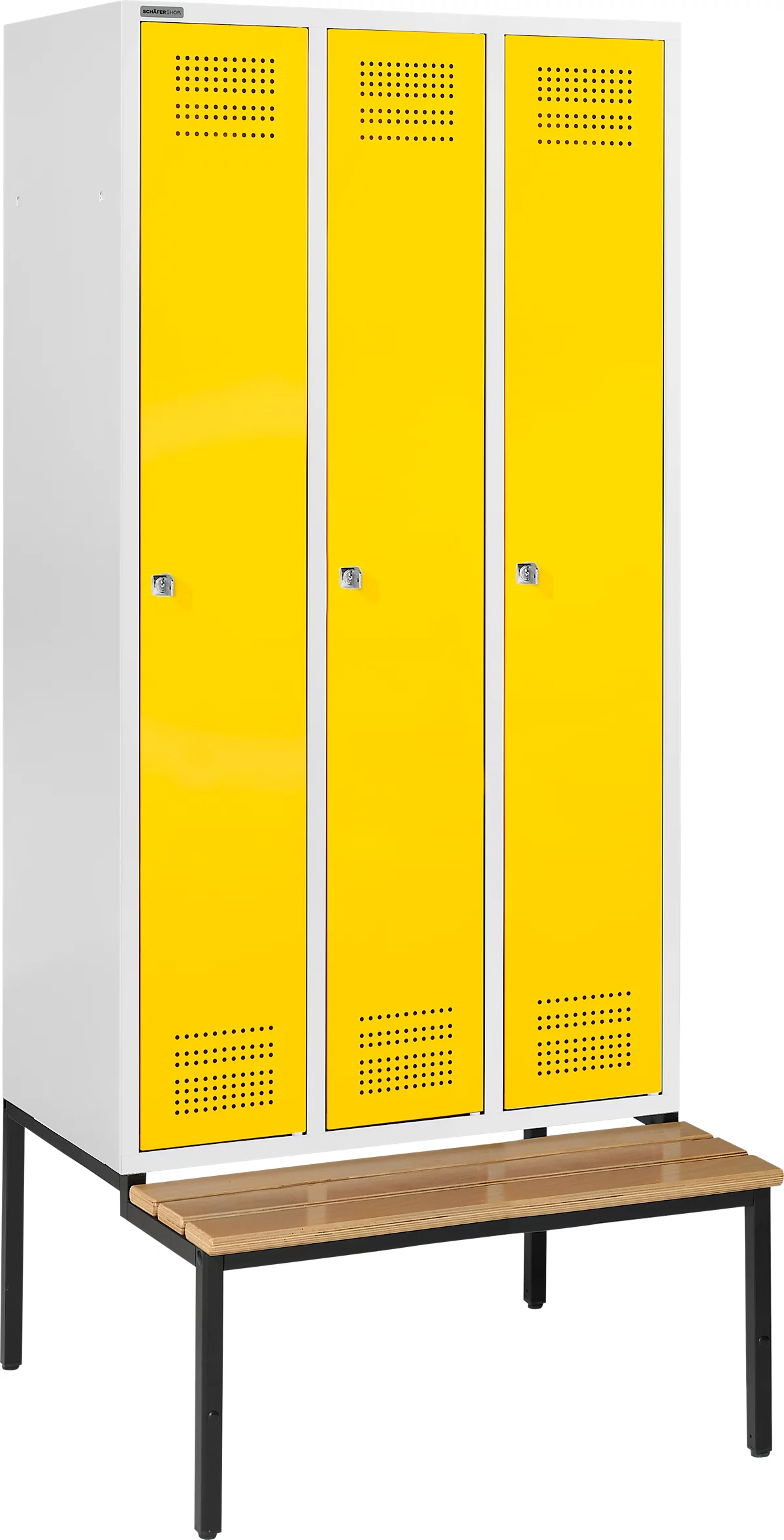 Schäfer Shop Genius Taquilla con banco, 3 compartimentos, cerradura de cilindro, gris luminoso/amarillo