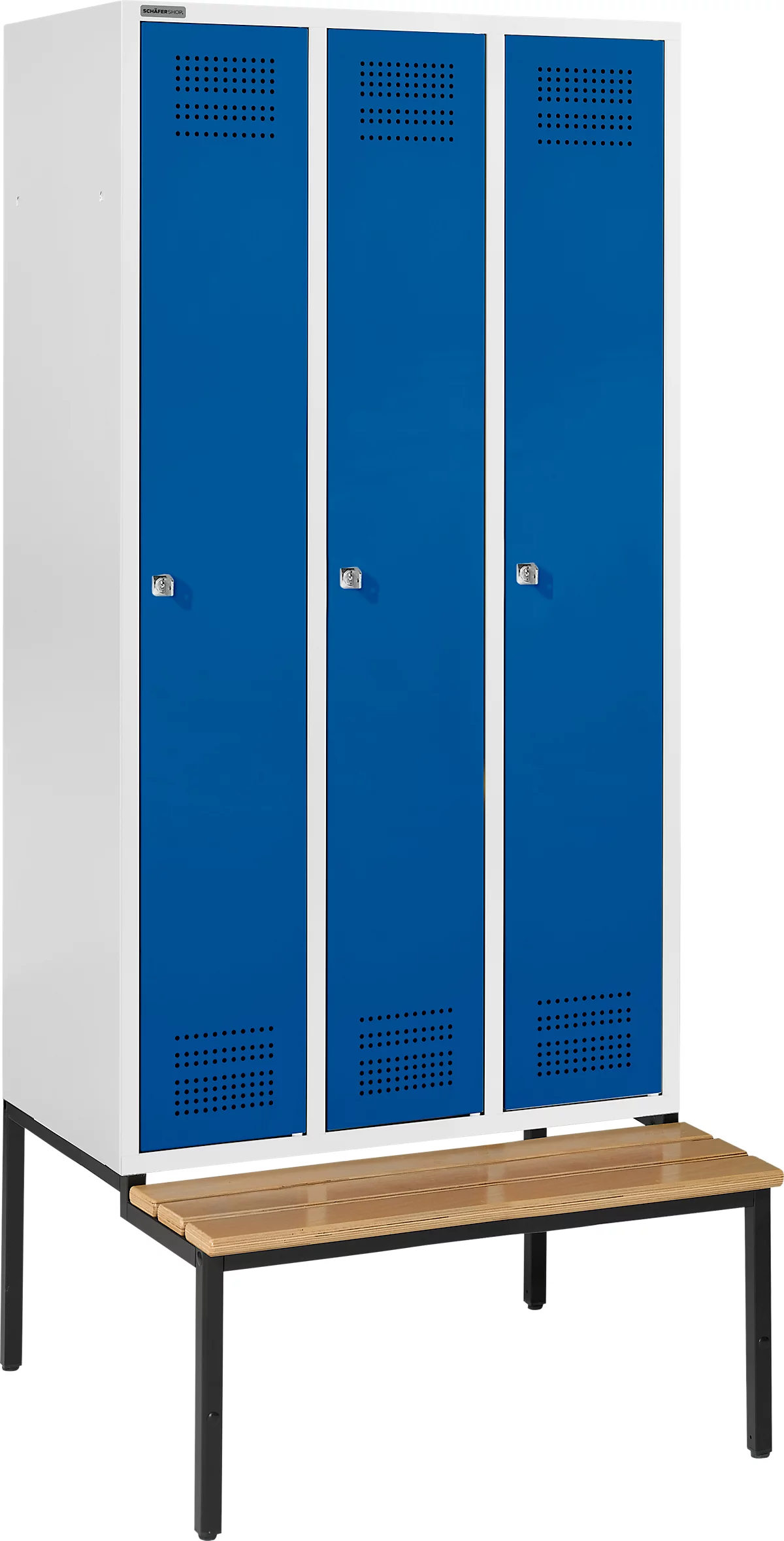Schäfer Shop Genius Taquilla con banco, 3 compartimentos, cerradura de cilindro, gris luminoso/azul genciana