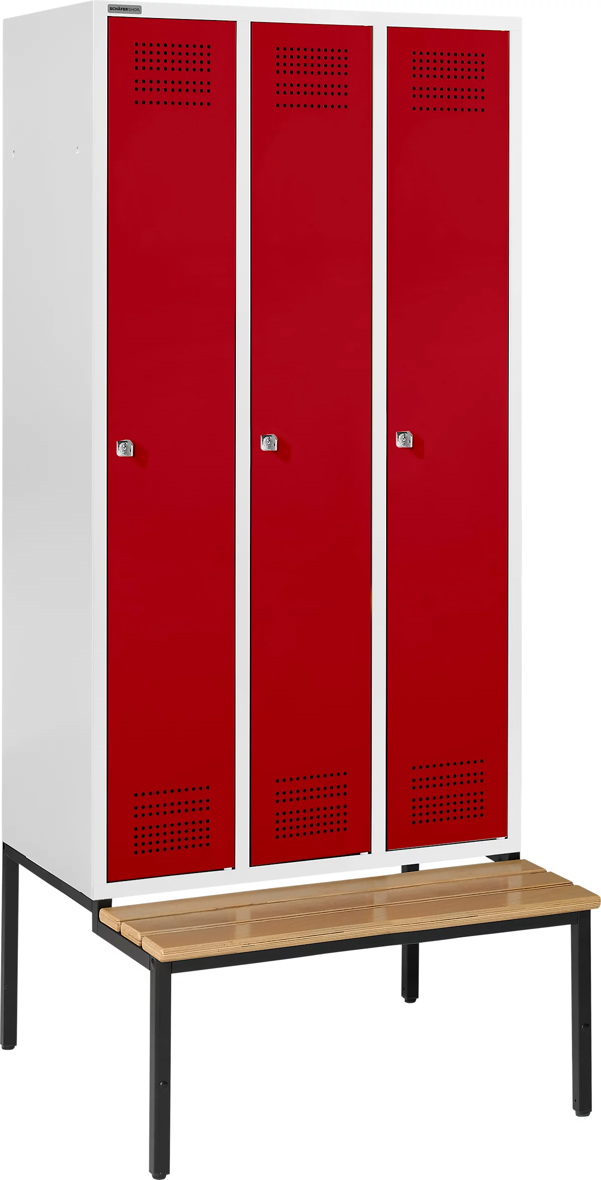 Schäfer Shop Genius Taquilla con banco, 3 compartimentos, cerradura de cilindro, gris luminoso/rojo