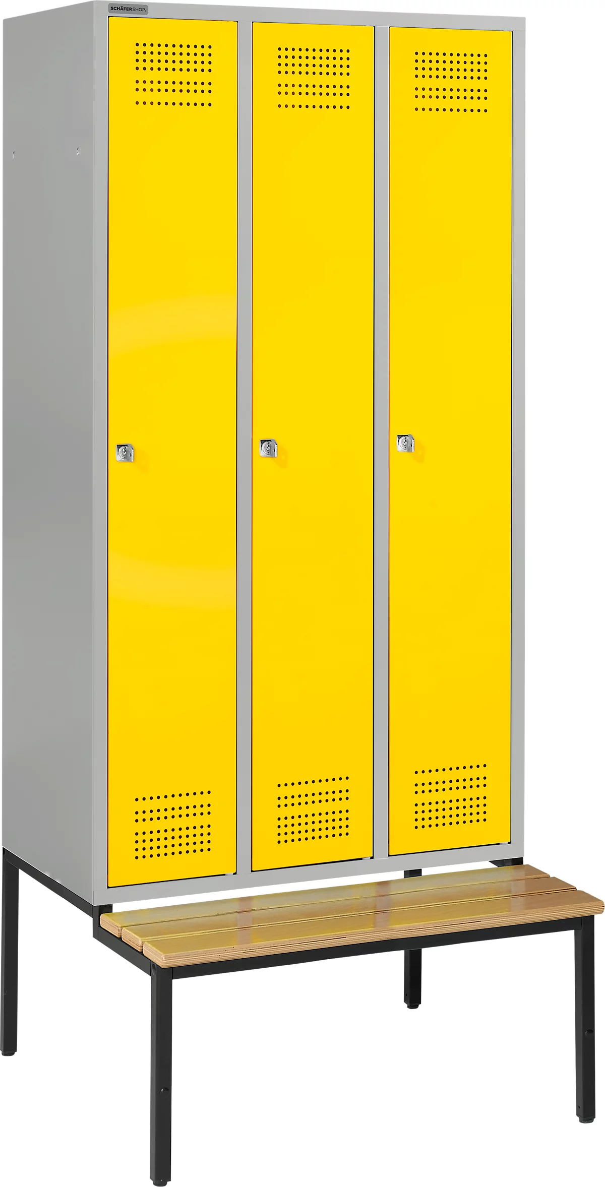 Schäfer Shop Genius Taquilla con banco, 3 compartimentos, cerradura de cilindro, plateado claro/amarillo
