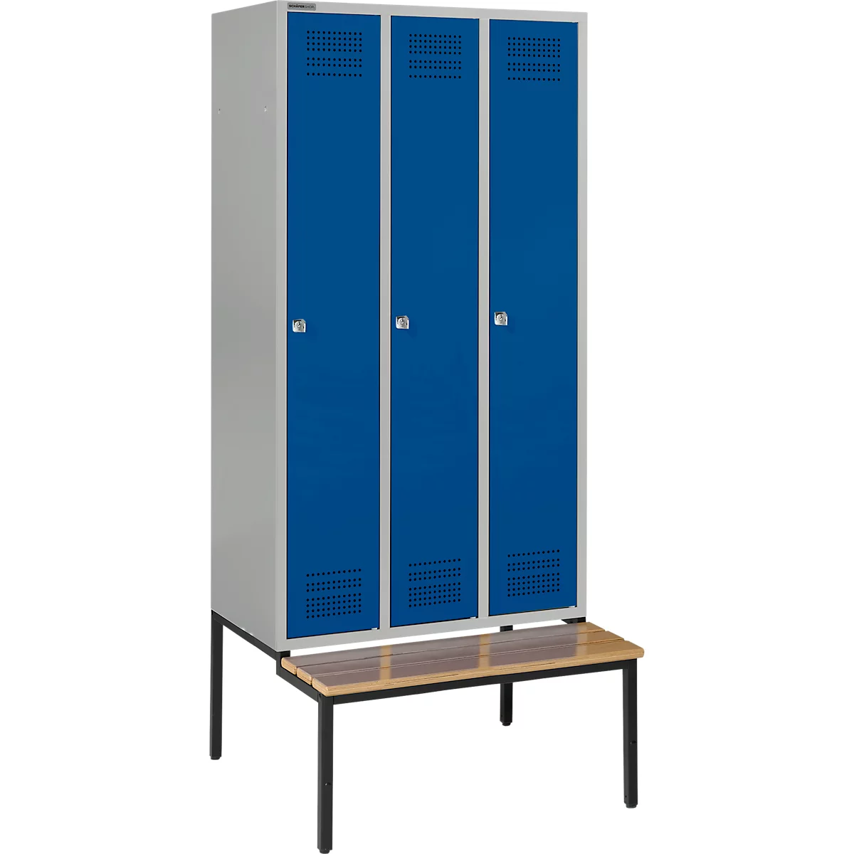 Schäfer Shop Genius Taquilla con banco, 3 compartimentos, cerradura de cilindro, plateado claro/azul genciana