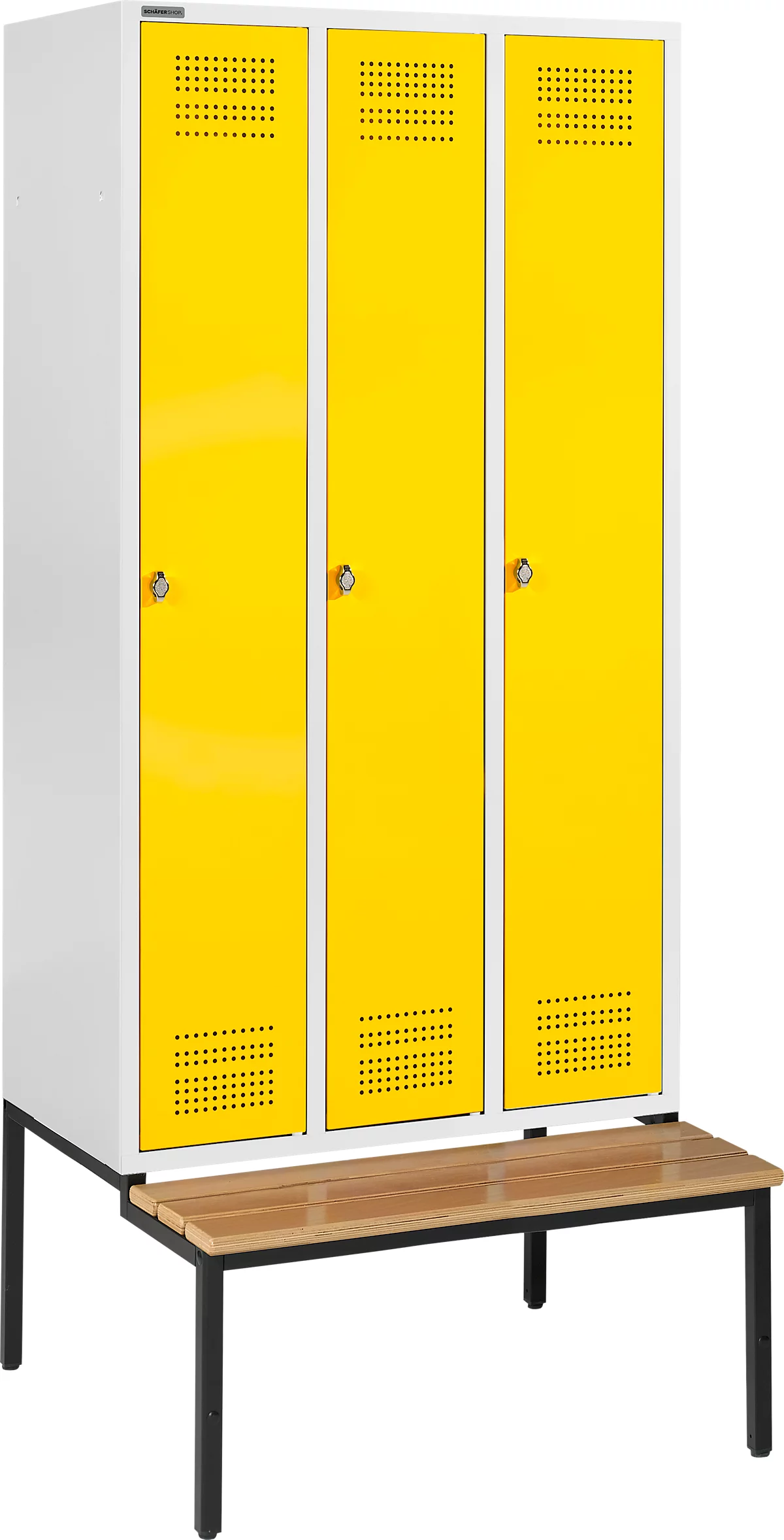 Schäfer Shop Genius Taquilla con banco, 3 compartimentos, cierre giratorio, gris luminoso/amarillo