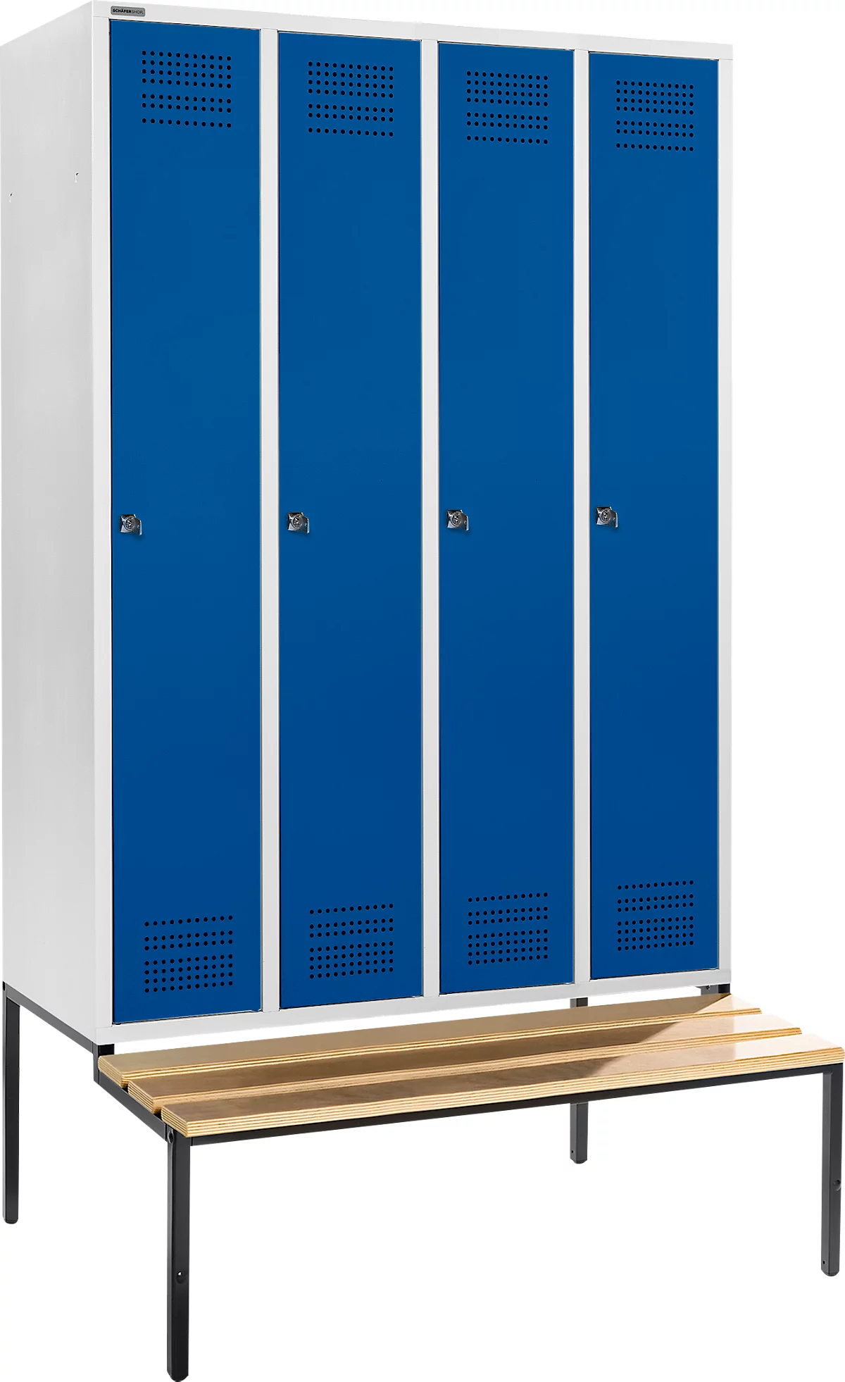 Schäfer Shop Genius Taquilla con banco, 4 compartimentos, anchura compartimento 300 mm, cerradura de cilindro, gris luminoso/azul genciana