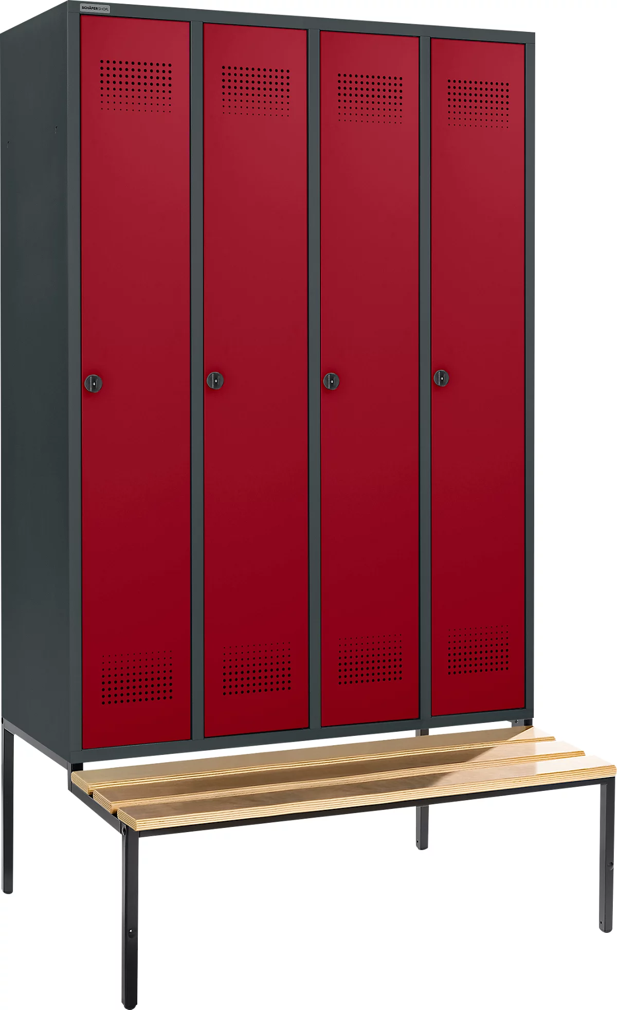 Schäfer Shop Genius Taquilla con banco, 4 compartimentos, anchura compartimento 300 mm, cierre de pasador giratorio de seguridad, antracita/rojo rubí