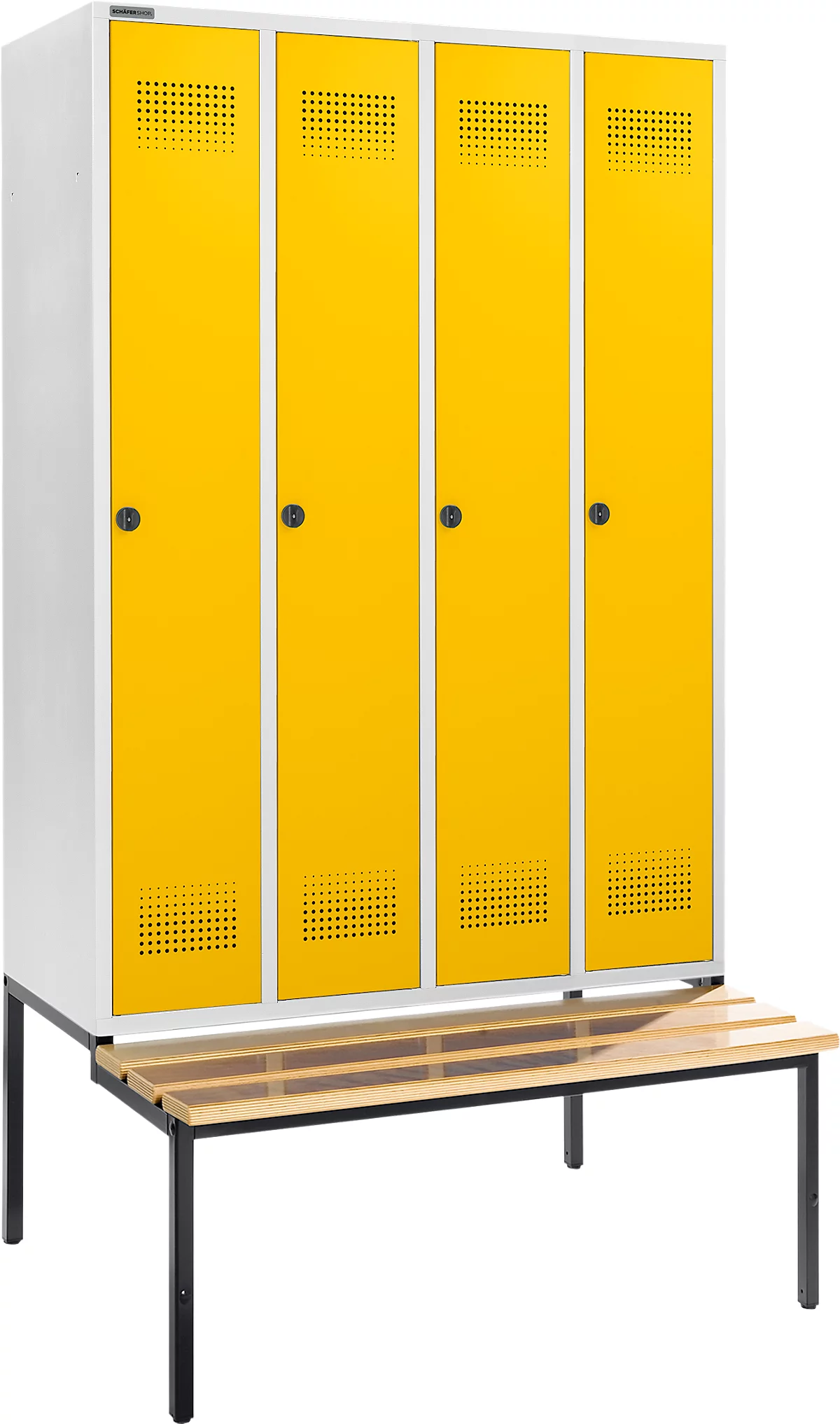 Schäfer Shop Genius Taquilla con banco, 4 compartimentos, anchura compartimento 300 mm, cierre de pasador giratorio de seguridad, gris luminoso/amarillo