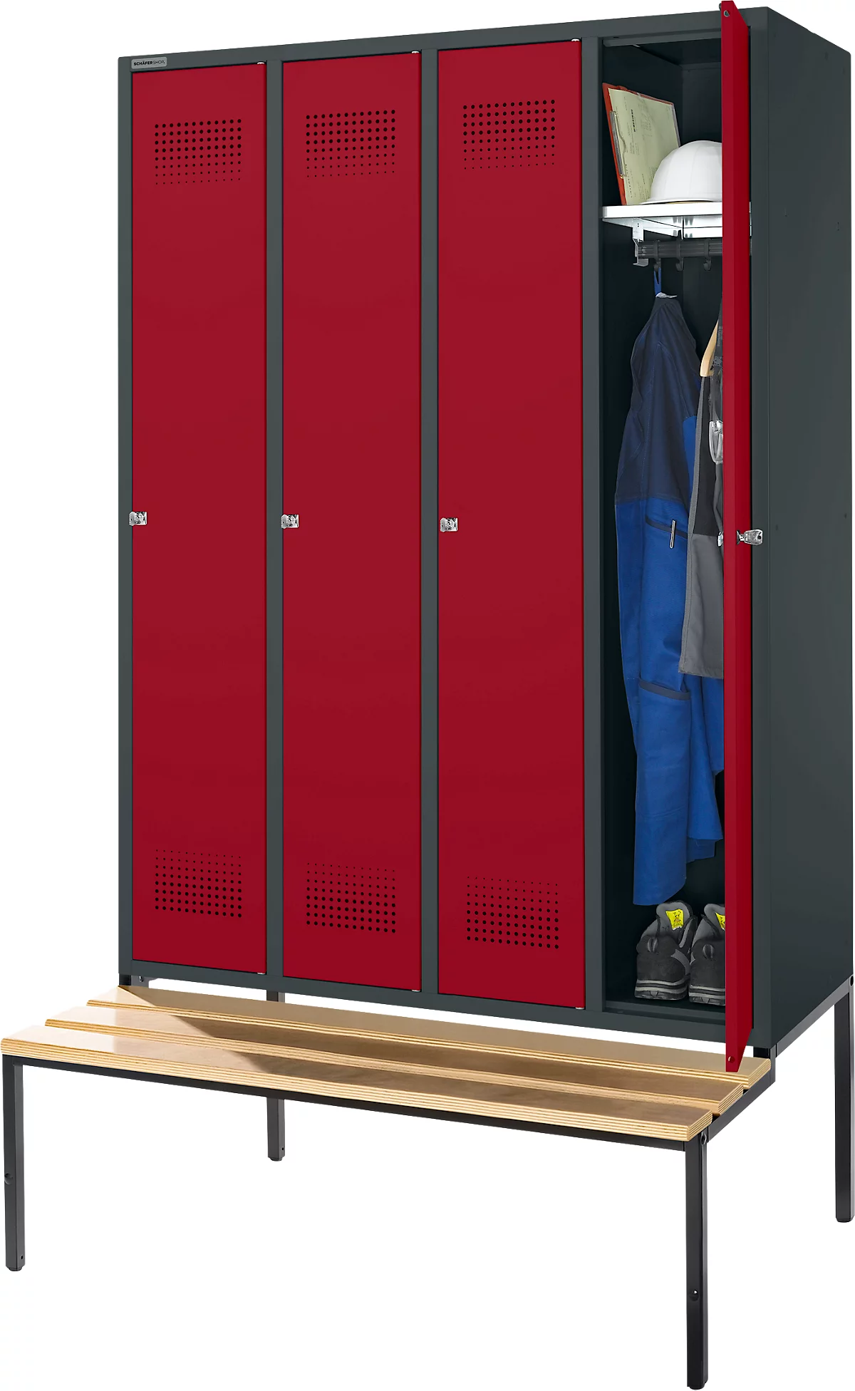 Schäfer Shop Genius Taquilla con banco, 4 compartimentos, cerradura de cilindro, antracita/rojo