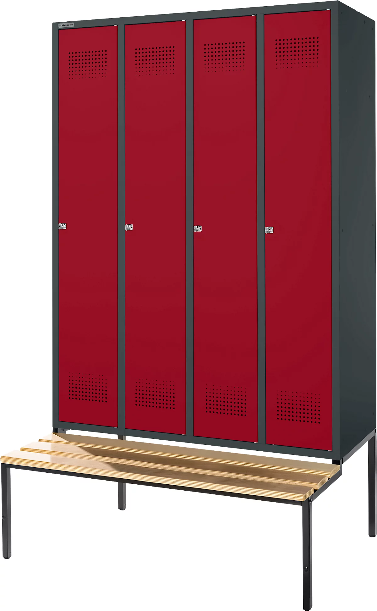 Schäfer Shop Genius Taquilla con banco, 4 compartimentos, cerradura de cilindro, antracita/rojo