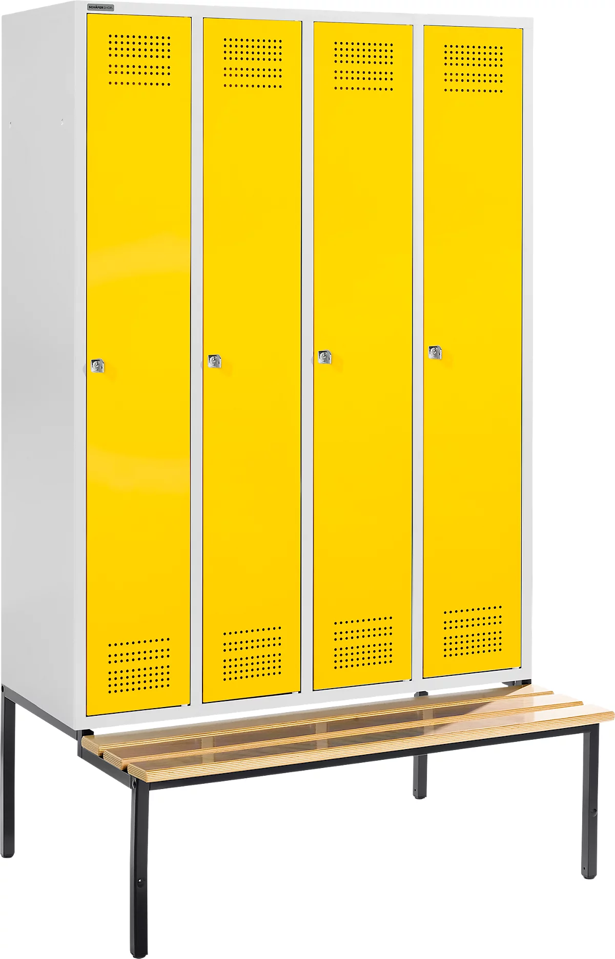 Schäfer Shop Genius Taquilla con banco, 4 compartimentos, cerradura de cilindro, gris luminoso/amarillo