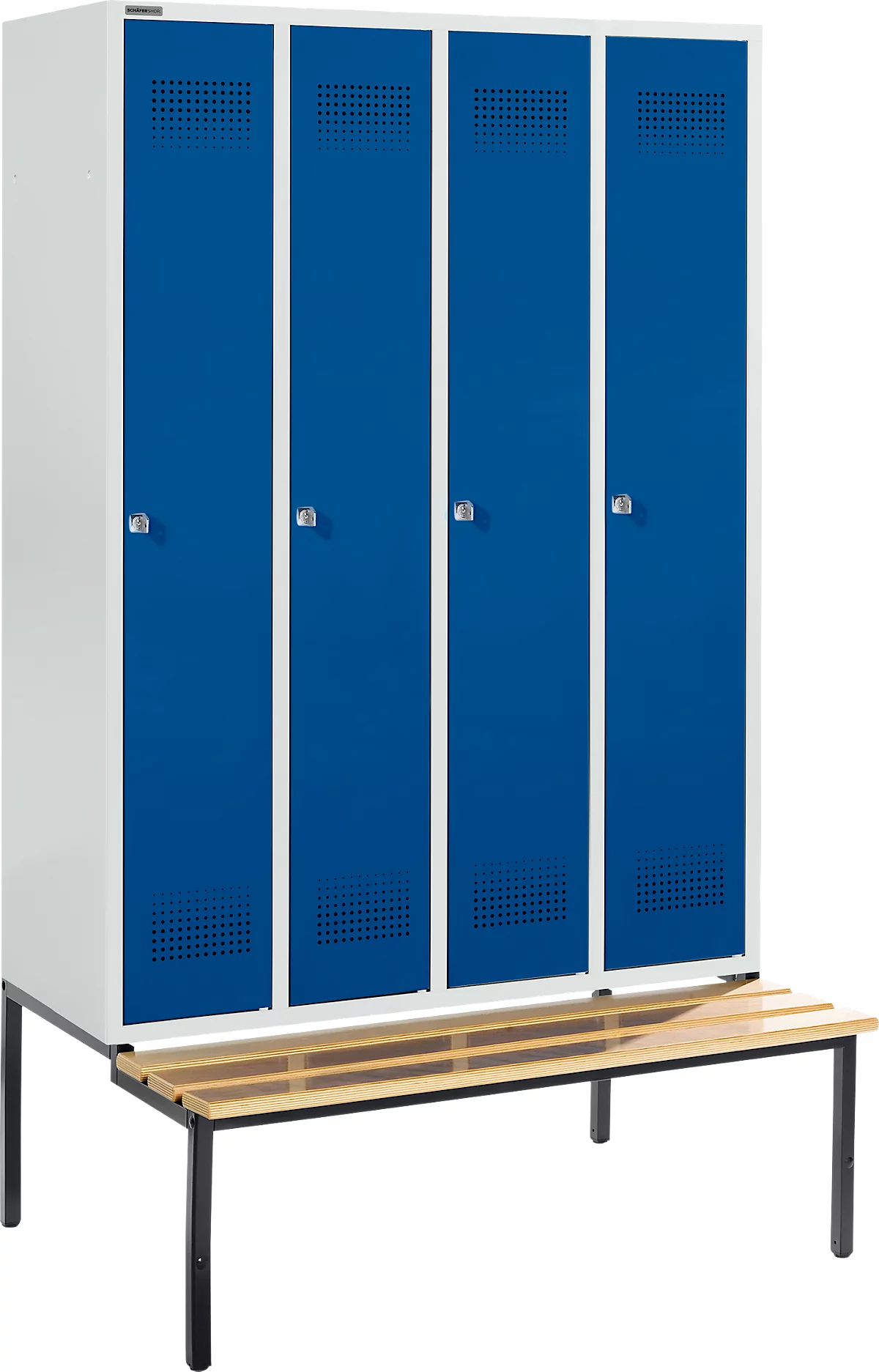 Schäfer Shop Genius Taquilla con banco, 4 compartimentos, cerradura de cilindro, gris luminoso/azul genciana