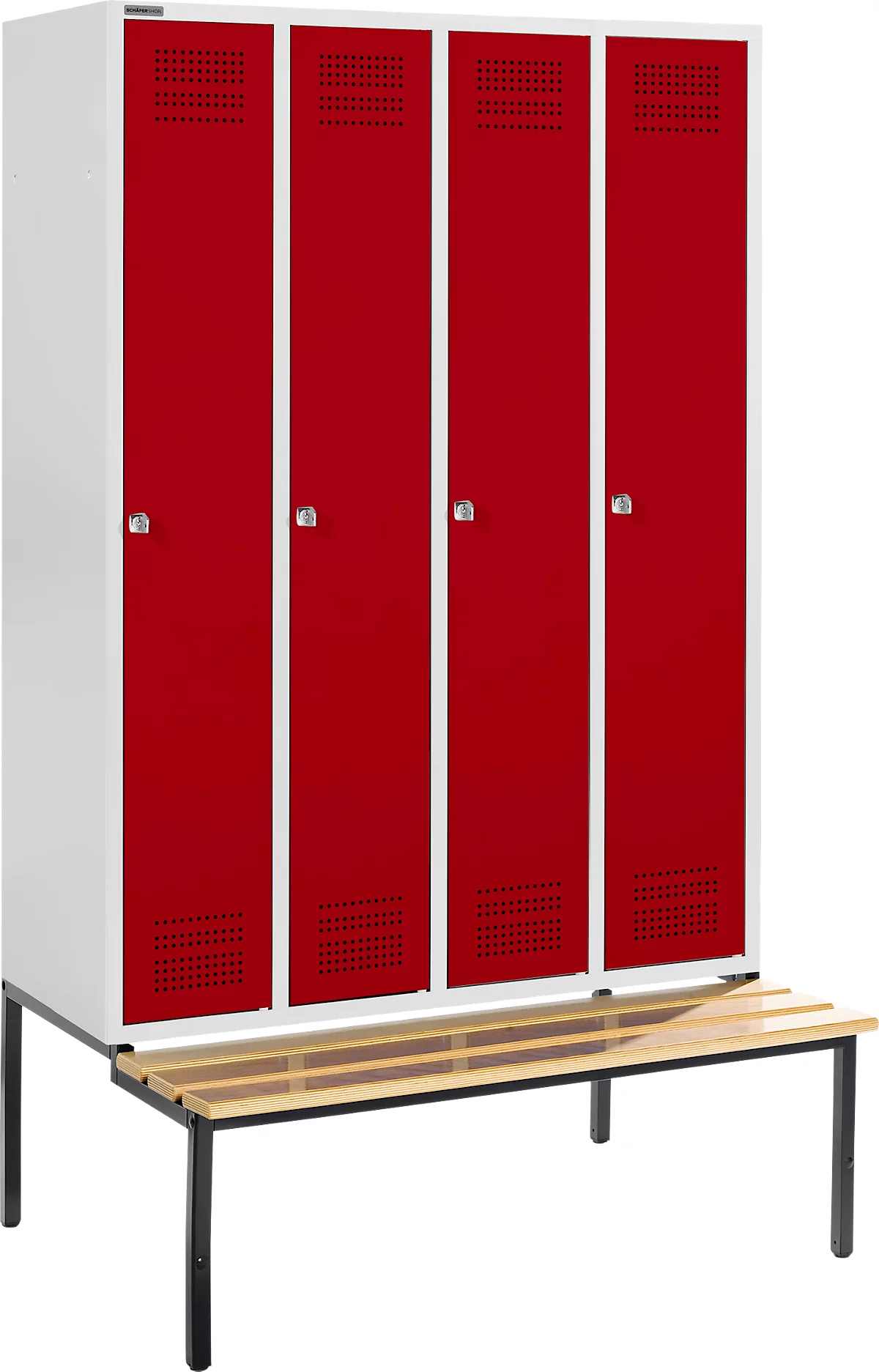 Schäfer Shop Genius Taquilla con banco, 4 compartimentos, cerradura de cilindro, gris luminoso/rojo