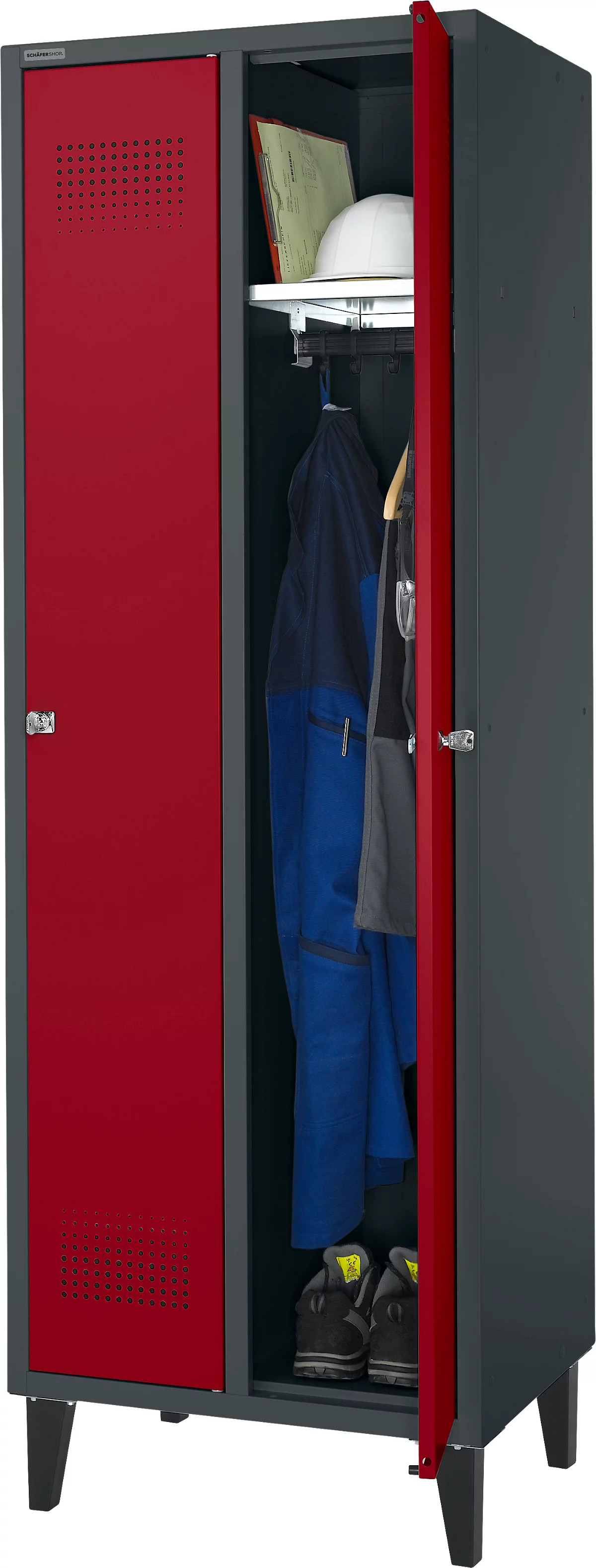 Schäfer Shop Genius Taquilla con patas, 2 compartimentos, anchura compartimento 300 mm, cerradura de cilindro, antracita/rojo rubí