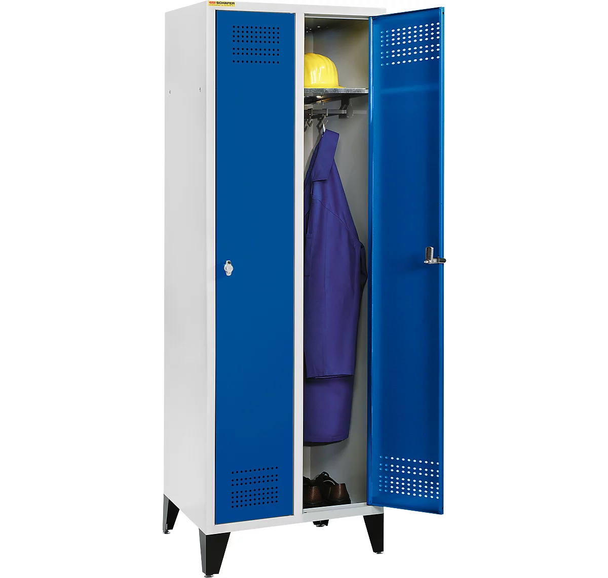 Schäfer Shop Genius Taquilla con patas, 2 compartimentos, anchura compartimento 300 mm, cierre de pasador giratorio de seguridad, azul genciana