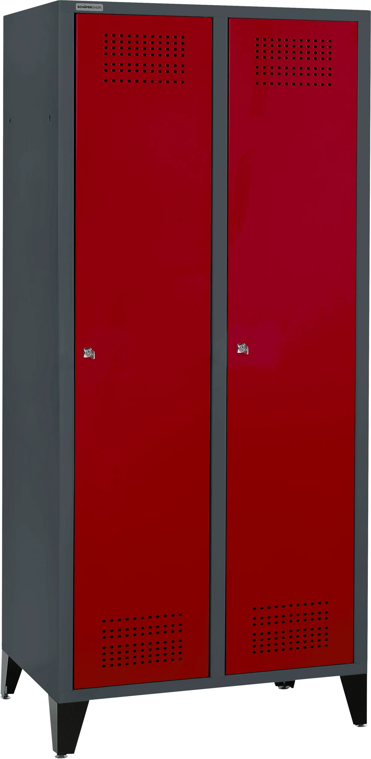 Schäfer Shop Genius Taquilla con patas, 2 compartimentos, anchura compartimento 400 mm, cerradura de cilindro, antracita/rojo rubí