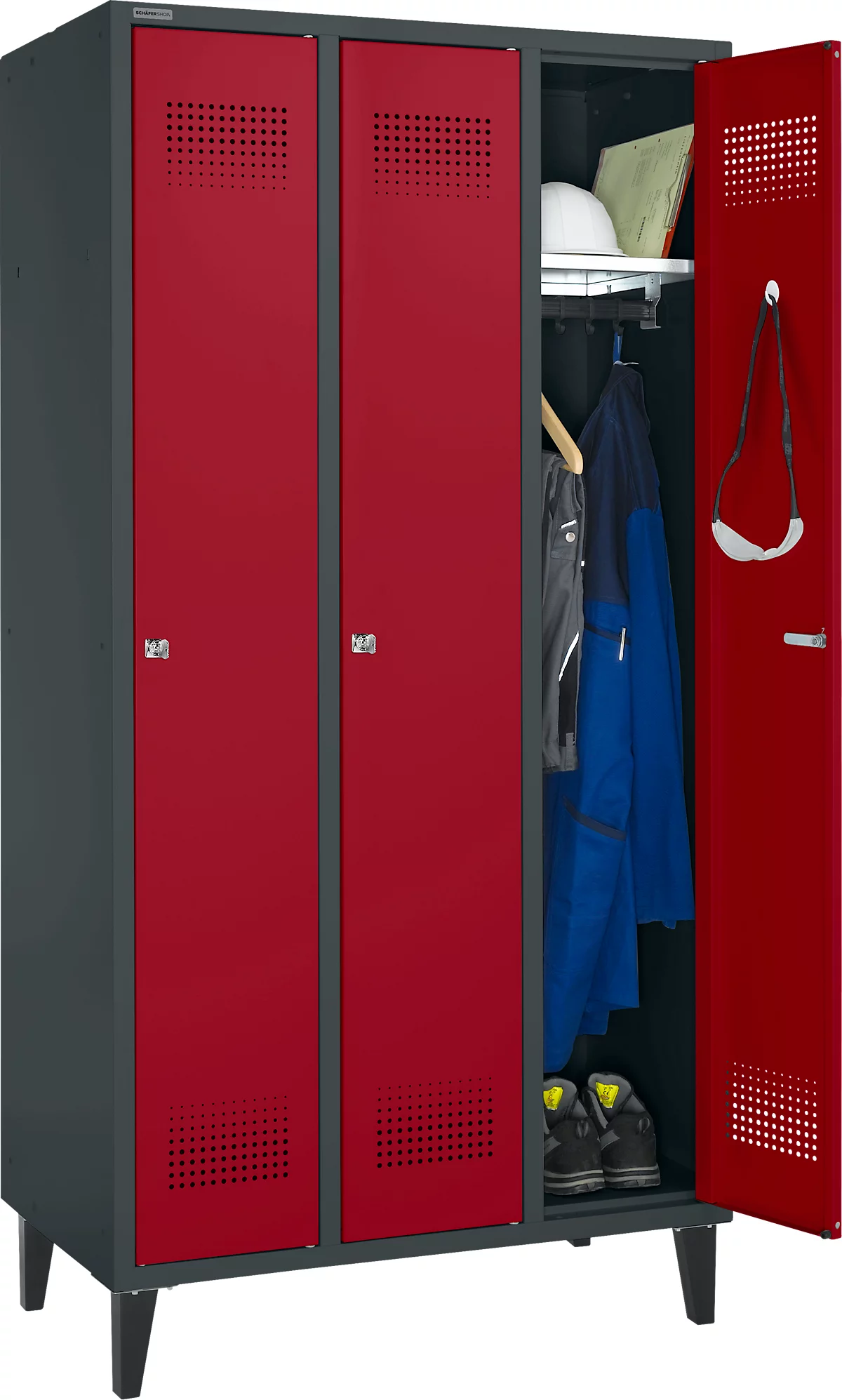 Schäfer Shop Genius Taquilla con patas, 3 compartimentos, anchura compartimento 300 mm, cerradura de cilindro, antracita/rojo rubí