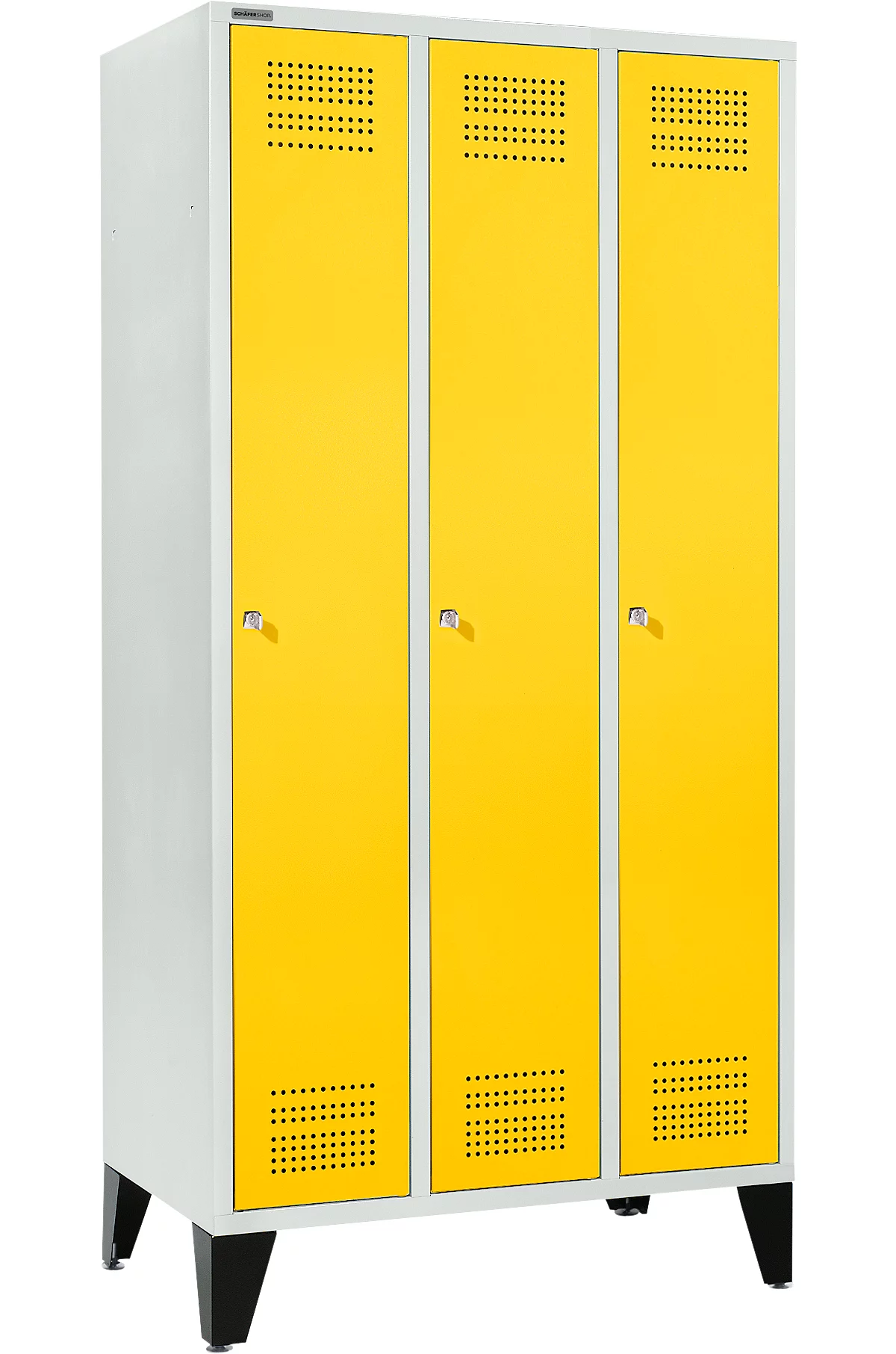 Schäfer Shop Genius Taquilla con patas, 3 compartimentos, anchura compartimento 300 mm, cerradura de cilindro, gris luminoso/amarillo colza